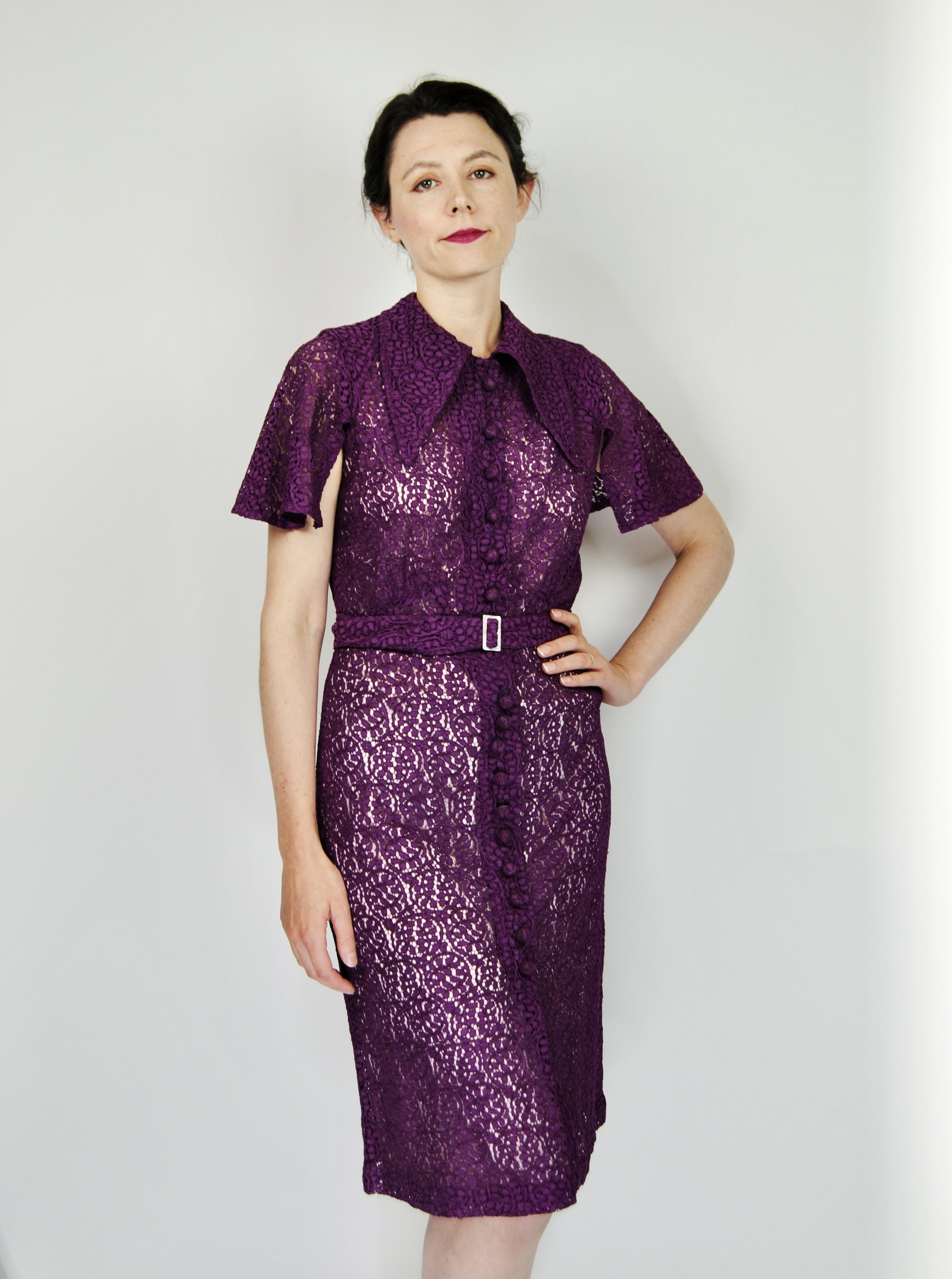 A stunning example of a 1930s day dress I meticulously restored the lace on and re-dyed. It took me days to finish this item, but it turned out so beautifully. And I am beyond happy with the positive feedback and kind words from the dresses new owner