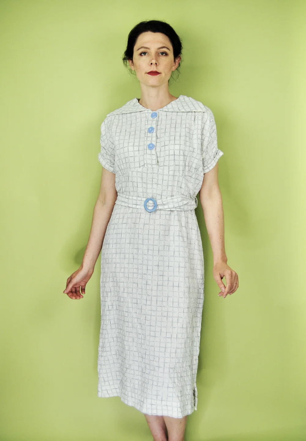 white christmas dresses 1930's Blue and White Plaid Cotton Picnic Dress – Eveliina Vintage main image 0
