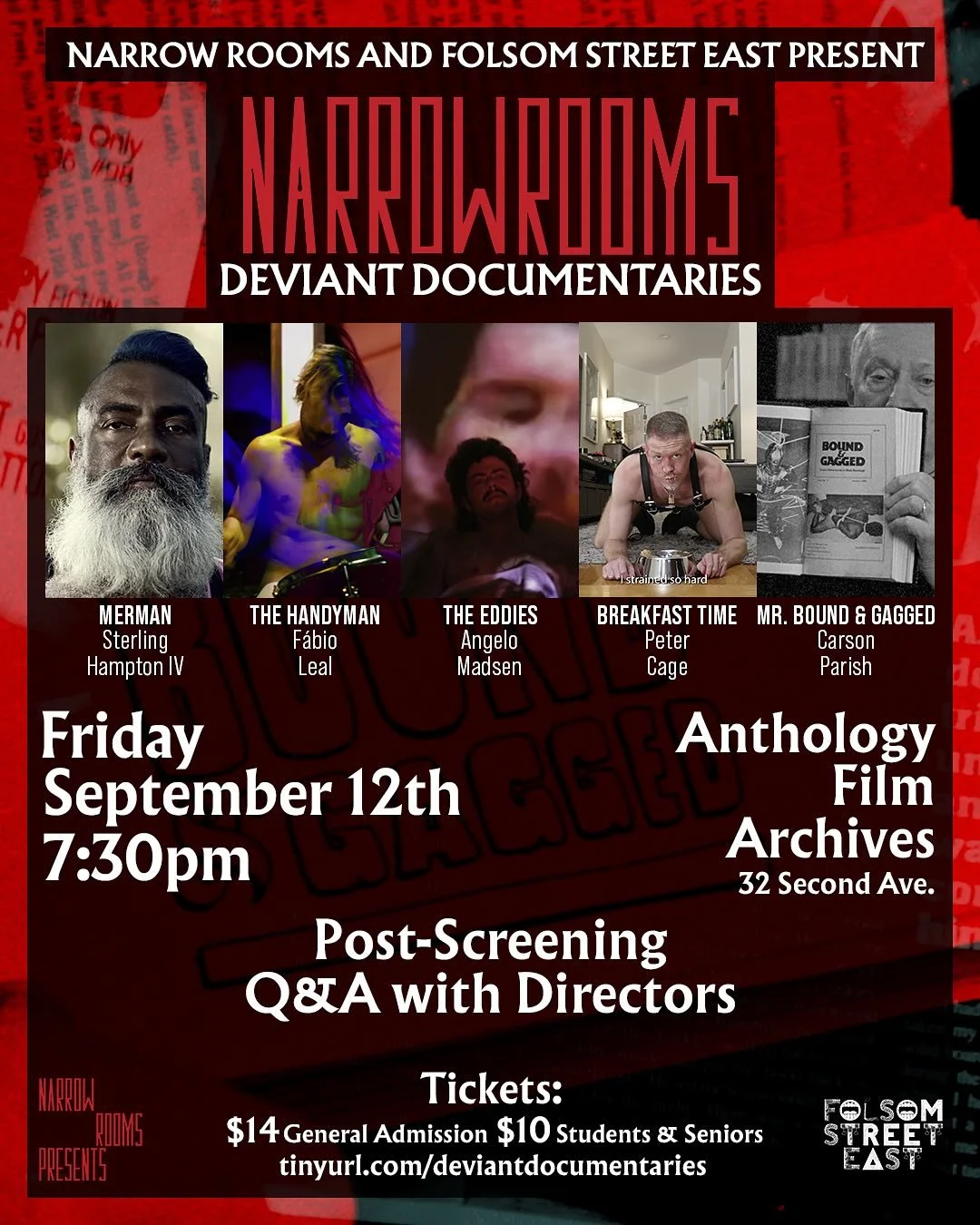 🎟️TICKETS IN BIO📽️ Narrow Rooms teams up with Folsom Street East in September to present a program of documentary shorts about men exploring what it means to live their fullest, kinkiest lives. These films balance the whimsy and joy of the fetish l