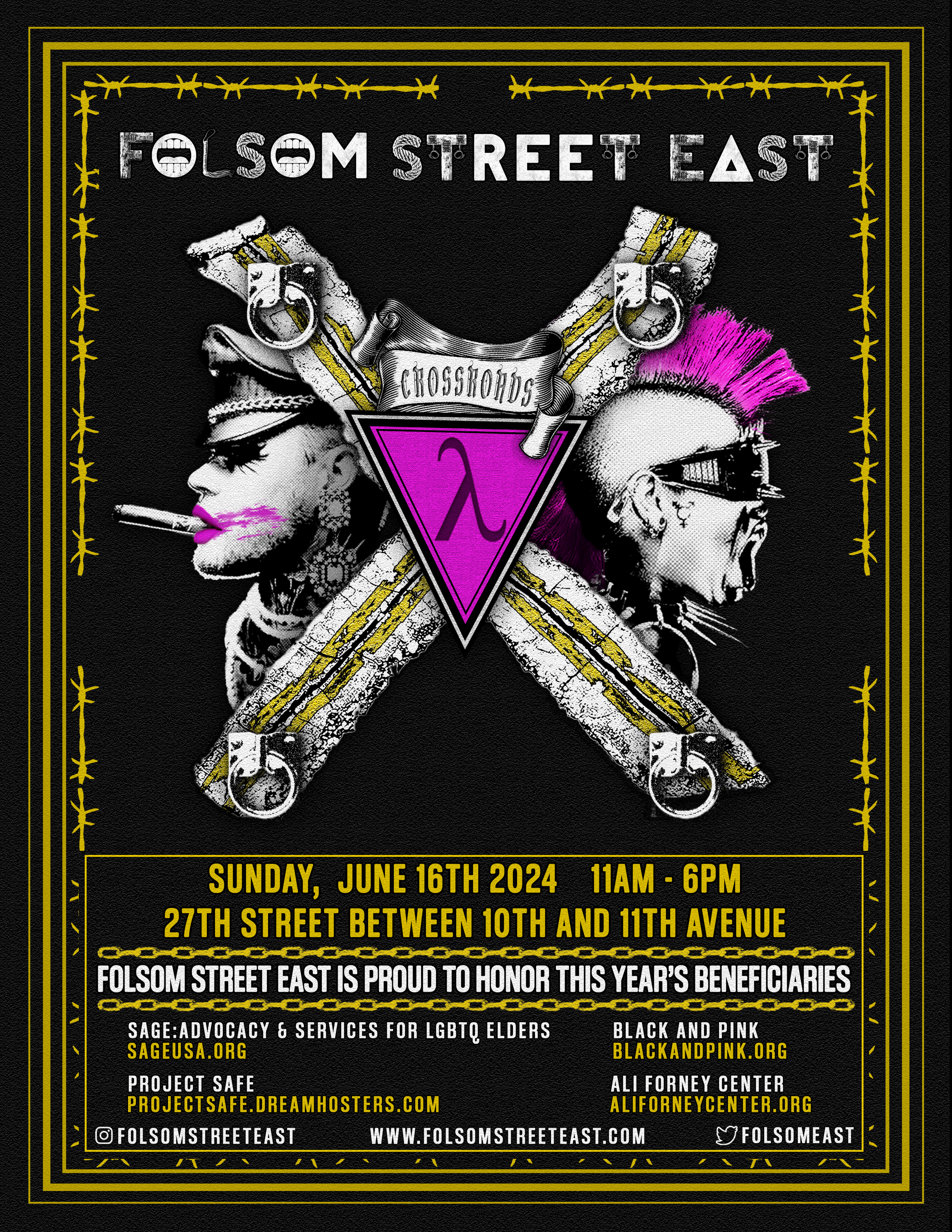 Flyer for Folsom Street East 2024.  TEXT: Sunday June 16th, 2024 11am-6pm. 27th street between 10th and 11th avenue