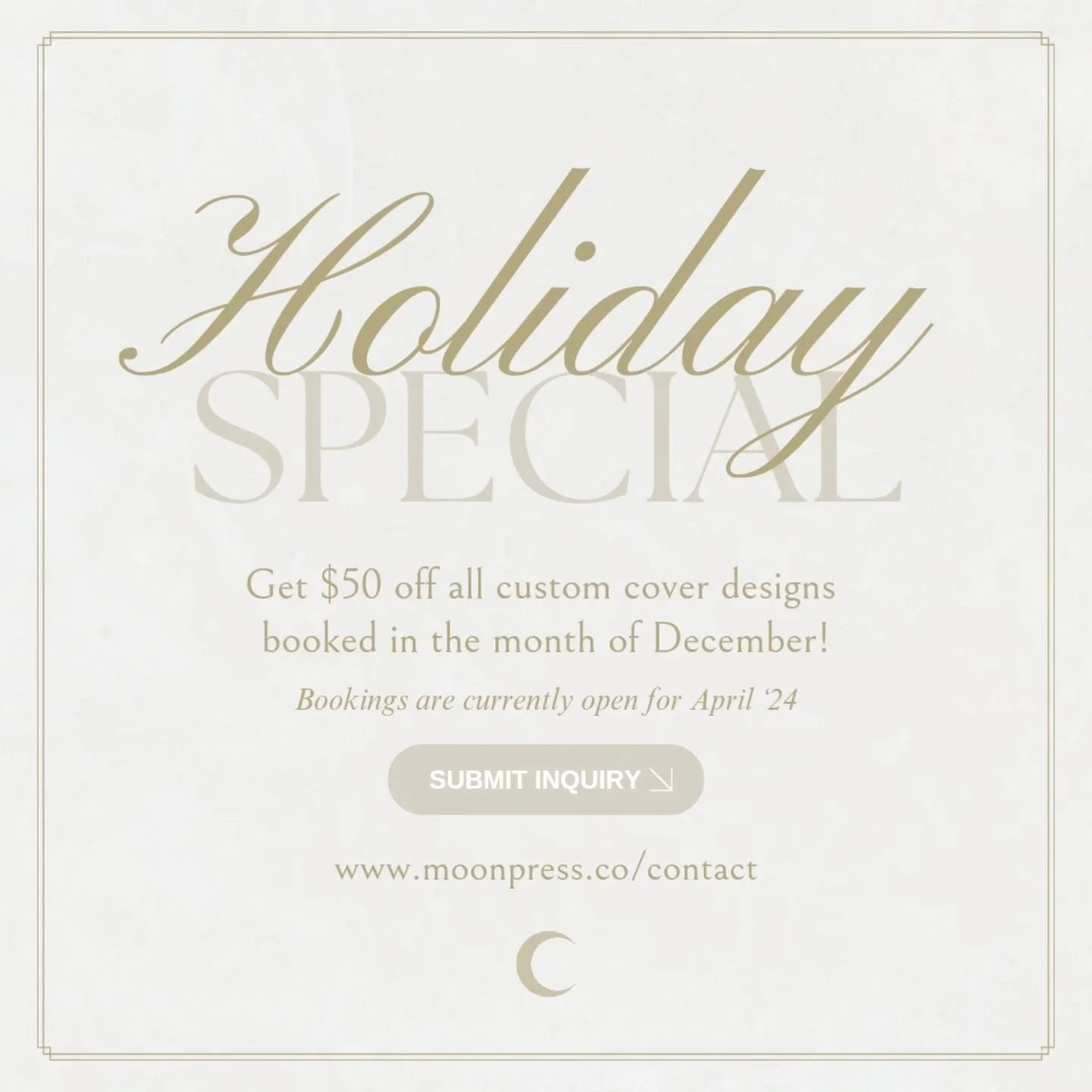 HOLIDAY SPECIAL! Get $50 off a custom cover design if you book in the month of December ❤️

I'm currently booking for April '24! 🌙 Limited slots available. Submit an inquiry on my website to receive a quote!