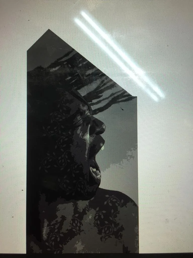 Abstract artwork depicting a person yelling, with a patterned overlay and geometric shape.