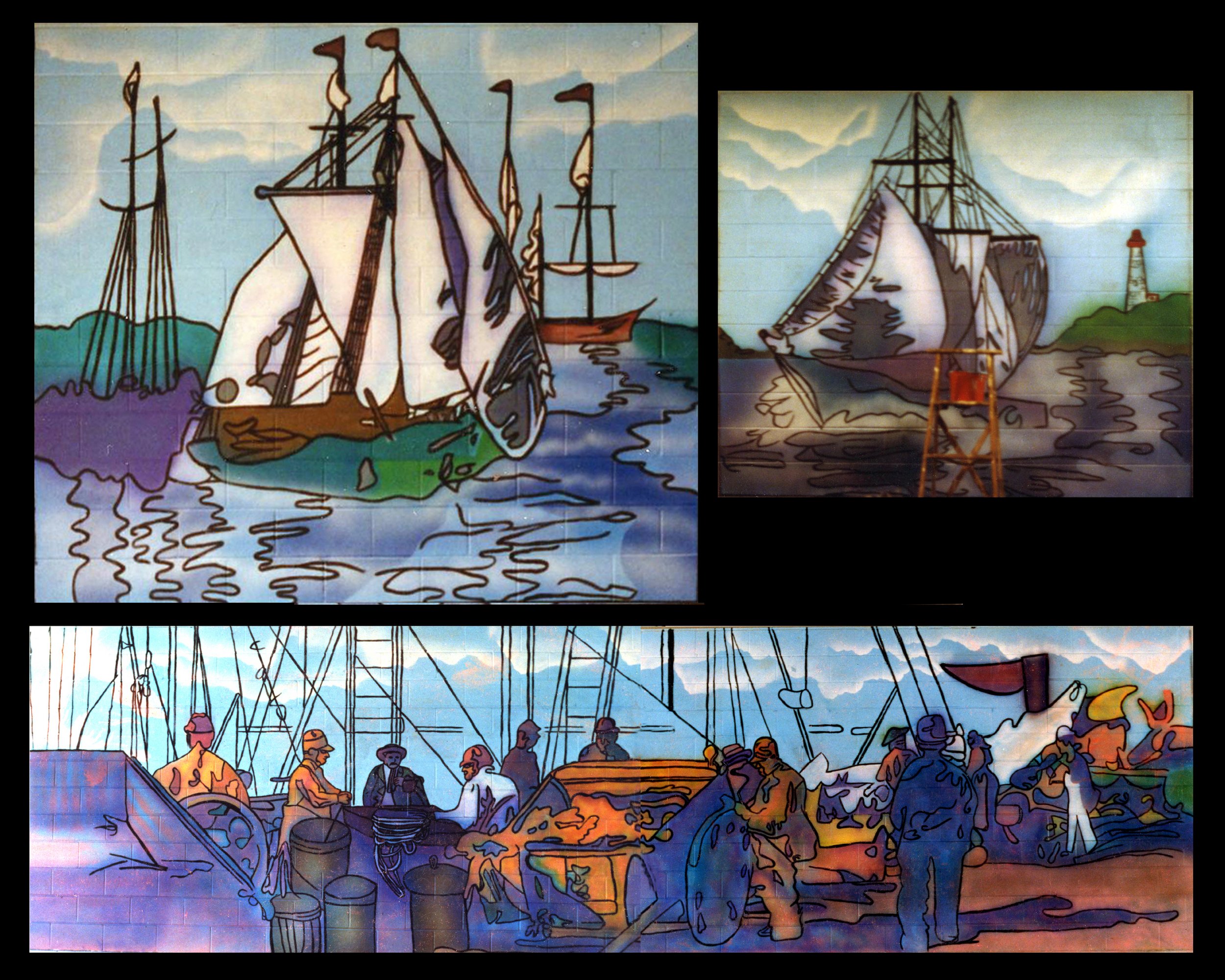 "Ocean Triptych Mural (The Gloucester House Restaurant, Gloucester, Mass)" - Acrylic and Spaypaint on Cement Block Wall, 1991, 10 ft high by 60 ft wide