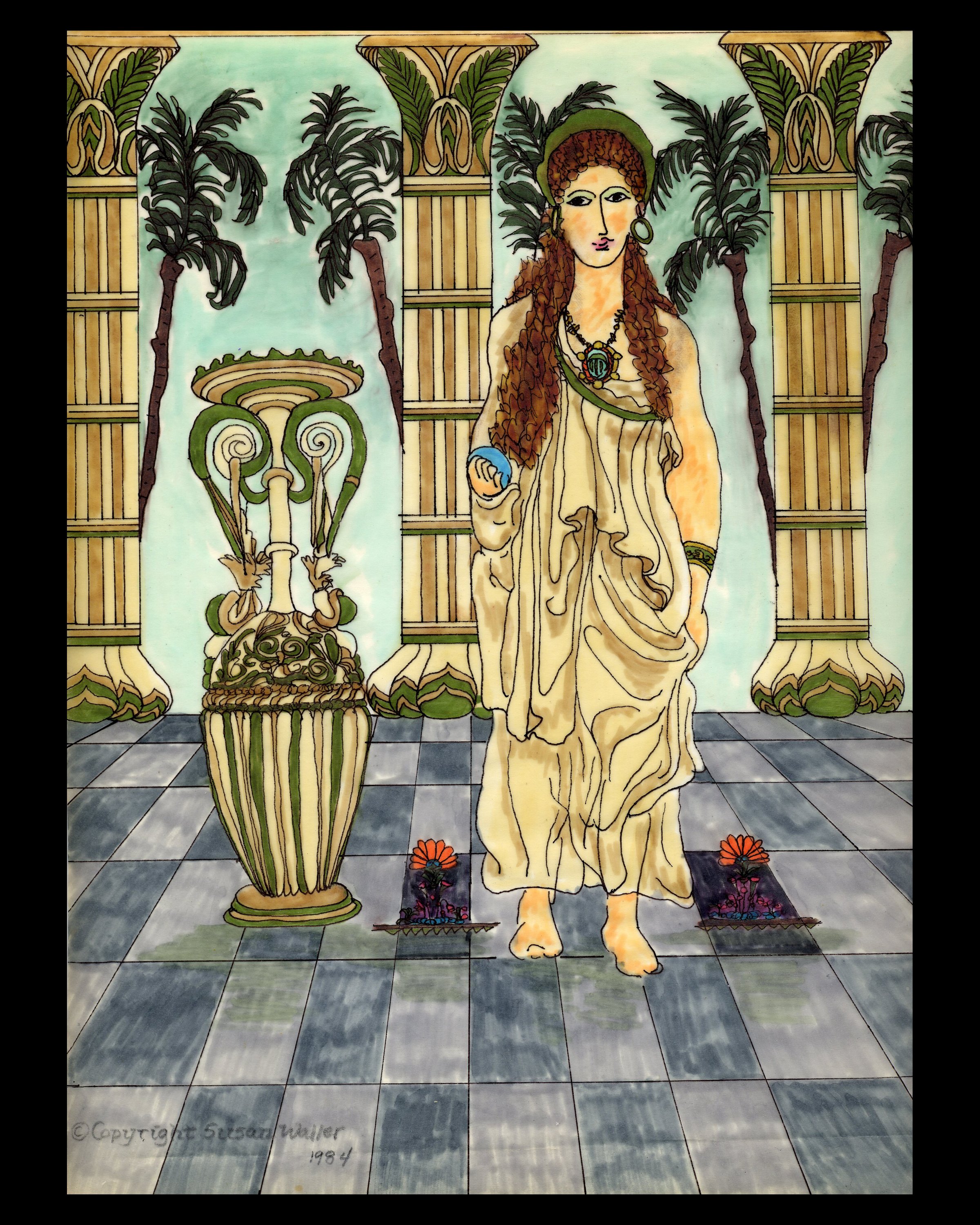 "Pharaoh's Daughter and Scarab" - Pen and Ink and Colored Marker on Vellum, 1986, 12 inches high by 9 inches wide