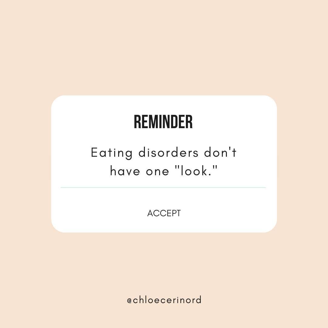 Fact: Eating disorders do NOT discriminate and don't just have one &quot;look.&quot; Eating disorders affect people of all genders, ages, races, and body types. #eatingdisordersawarenessweek⁠
⁠
⁠
---⁠
Let's work together! Virtual nutrition counseling