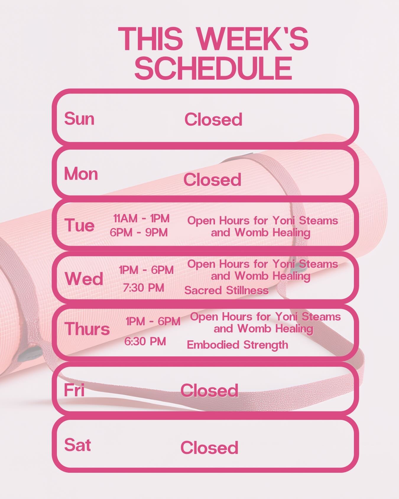 This week at RESTORE Her, we&rsquo;re making more room for softness, release, and restoration. 

While we&rsquo;ll be closed Monday in observance of Memorial Day, we&rsquo;ve opened additional daytime hours Tuesday&ndash;Thursday for yoni steams, wom
