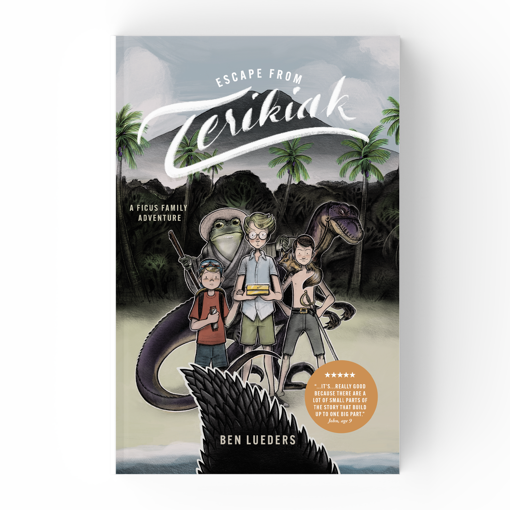 Book cover titled "Escape from Terynak" by Ben Lueders, featuring cartoon characters of children and animals in a jungle setting with mountains and palm trees in the background.