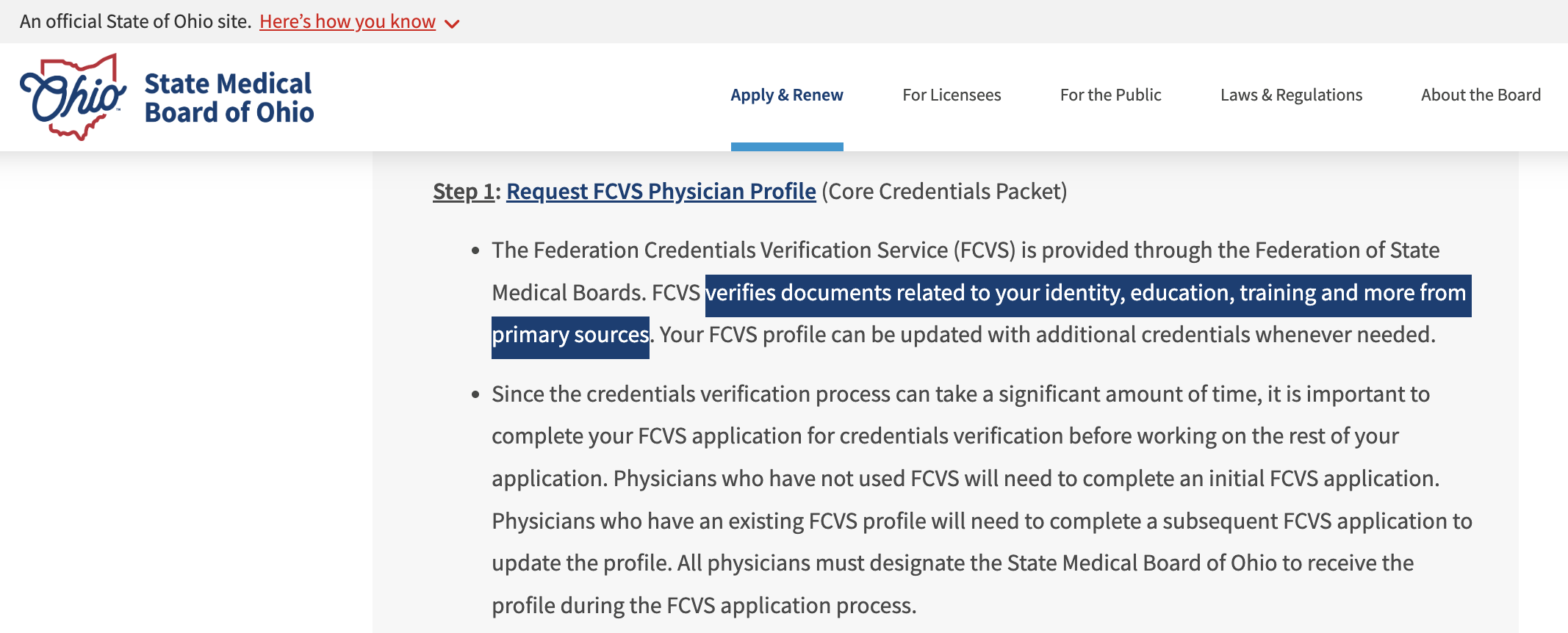 An example of a state verifying education and training by primary source.