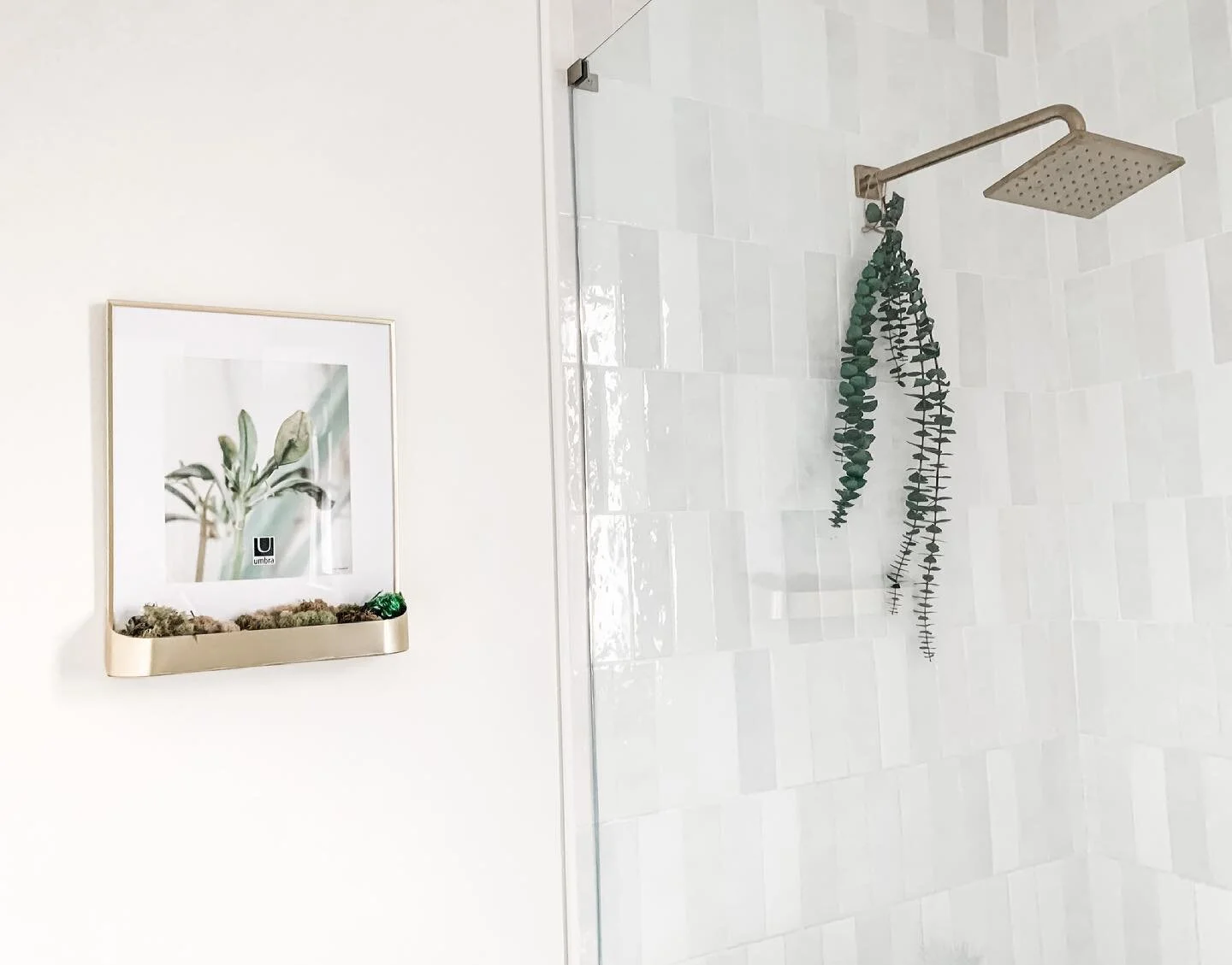 This Umbra picture frame/shelf combo is the perfect addition to our master bathroom! The built in shelf is genius and is a great way to add greenery without adding a bunch of clutter! I kept it simple and added some dried moss, but could totally see 