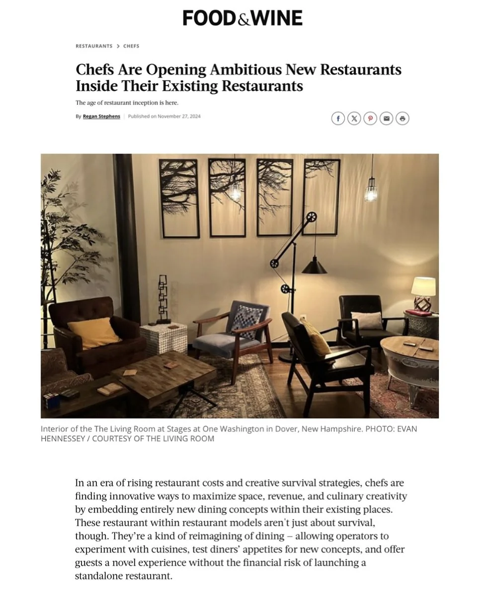 In Dover, New Hampshire, Evan Hennessey (@evanhennessey) operates two culinary concepts under one roof: Stages at One Washington (@stagesdover), a 6-seat fine dining restaurant, and The Living Room (@thelivingroomnh), an intimate cocktail lounge. 

A