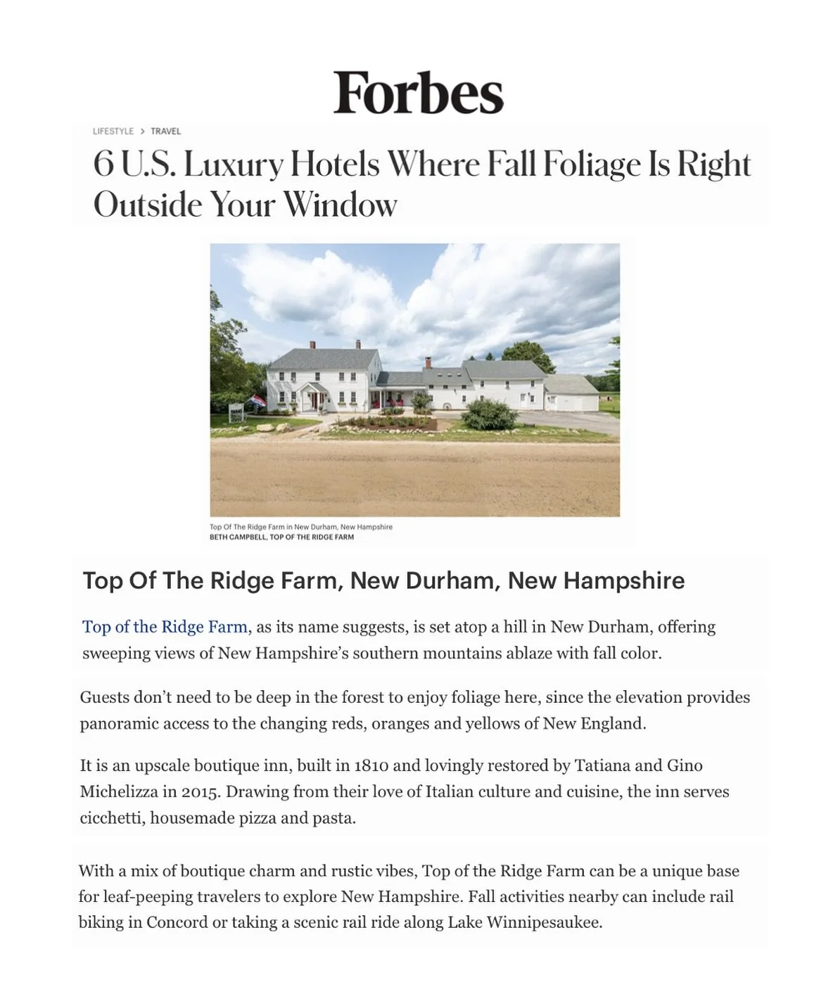 New England&rsquo;s autumn landscapes are legendary, drawing travelers from around the world, but few places capture the true essence of fall quite like @topoftheridgefarm. 

Perched above the southern New Hampshire mountains, this intimate four-room