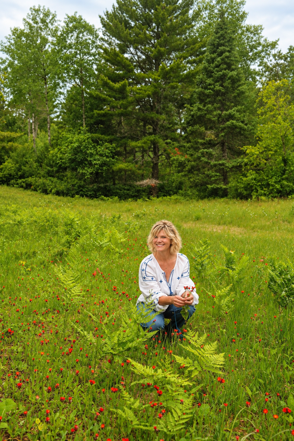 A woman with blonde hair, wearing a white embroidered blouse, kneeling in a grassy field filled with red berries and green plants, with large trees in the background during daytime.