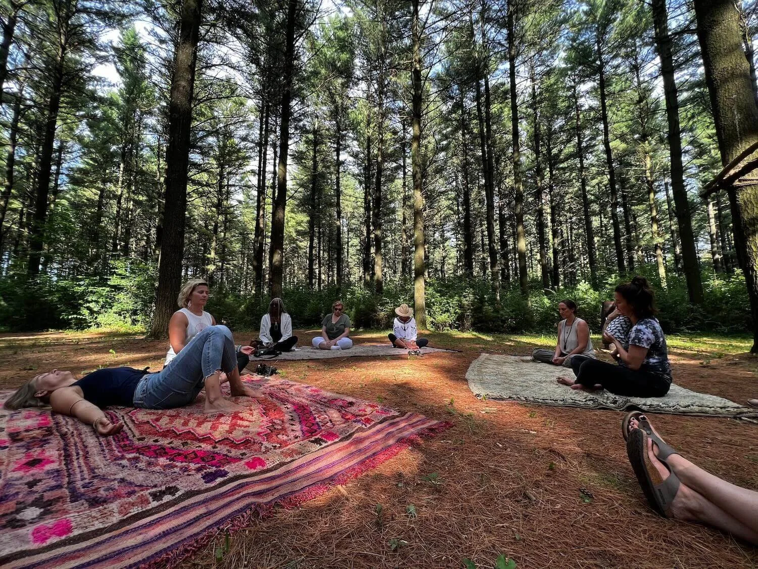 A group of people sitting on rugs in a circle in a forested area, participating in an outdoor meditation or relaxation session.