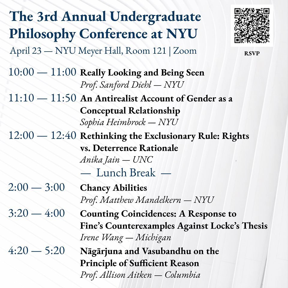 RSVP in bio! We are excited to be hosting the 3rd Annual Undergraduate Philosophy Conference at NYU this Sunday, April 23, in NYU&rsquo;s Meyer Hall, Room 121 as well as on Zoom. We are honored to have three excellent undergraduate students presentin