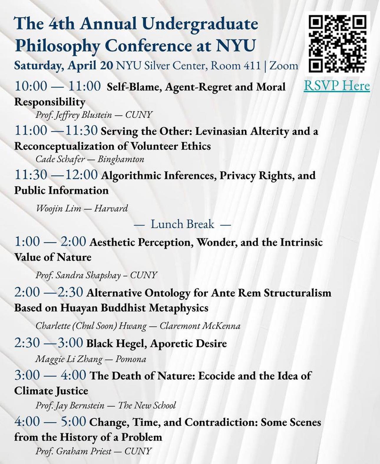 Join us tomorrow for the first day of our Fourth Annual Undergraduate Philosophy Conference, taking place April 20-21! Both days of the conference will be held in Room 411 of the Silver Center for Arts &amp; Science, with lunch being held in Room 104