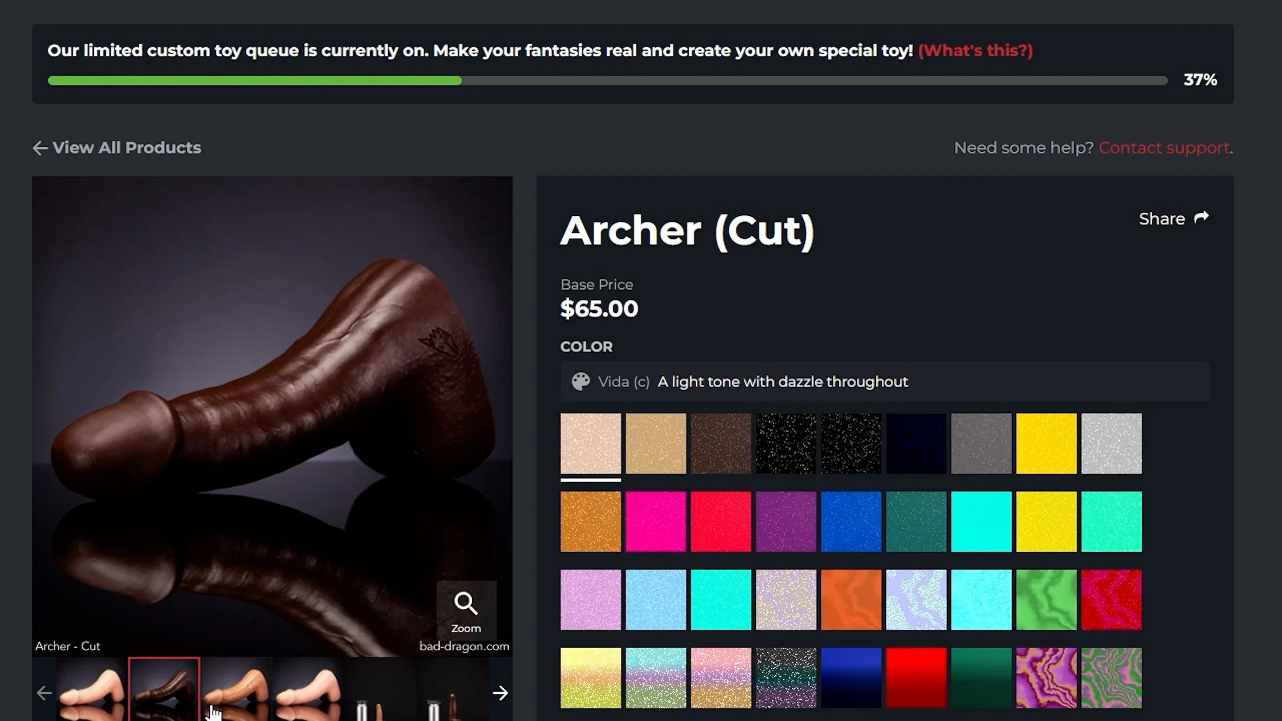 Bad Dragon Archer product page showing default humanoid coloring options.
