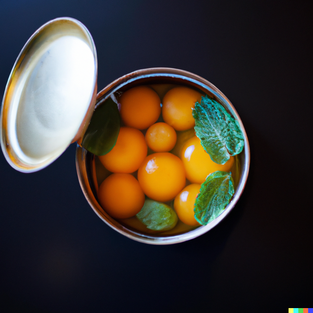 DALL·E 2022-10-04 22.01.52 - award-winning photo of a round fish tin filled with tiny balls of yellow and orange melon juice with mint leaf in a gourmet restaurant.png