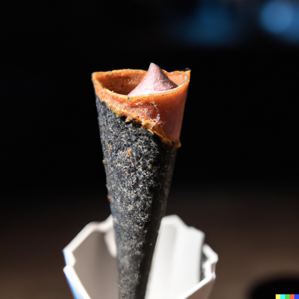 DALL·E 2022-10-05 07.17.28 - a mini empty black sesame ice cream cone filled with salmon tartare and Sweet Red Onion Créme Fraîche served in a stand to hold it upright.png