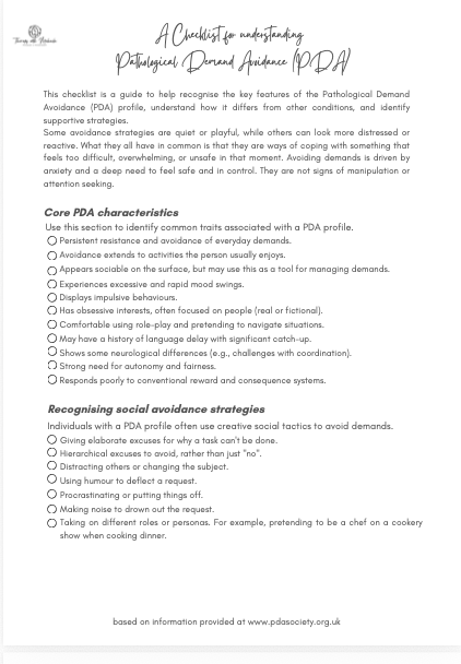 A Checklist for understanding Pathological Demand Avoidance (PDA)