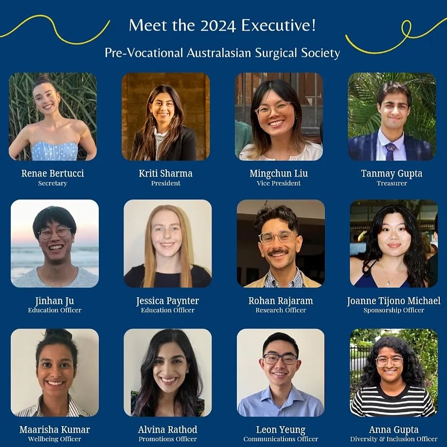 Introducing 2024 PVASS Executive Team! 

Coming from all corners of Australia and New Zealand, these are the faces behind the Australasian Prevocational Surgical Society. We can't wait to bring you more events and upskilling opportunities this year!