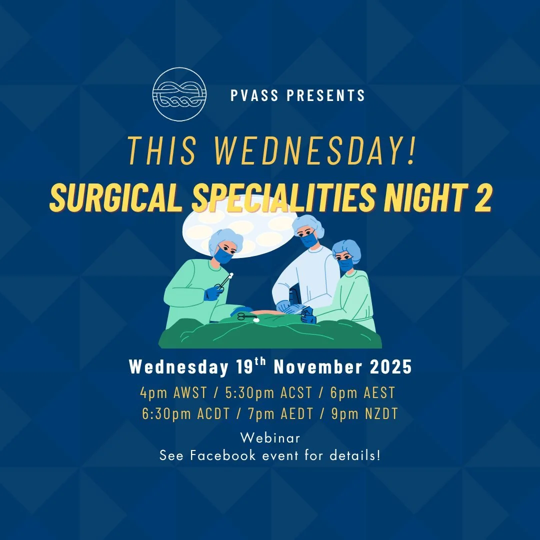 📣 THIS WEDNESDAY: Click &quot;going&quot; in the PVASS Surgical Specialties Series Facebook event page to receive the webinar link! 
Don't miss out on this opportunity to hear from current surgical trainees and ask them your questions! 
📅 Date: Wed