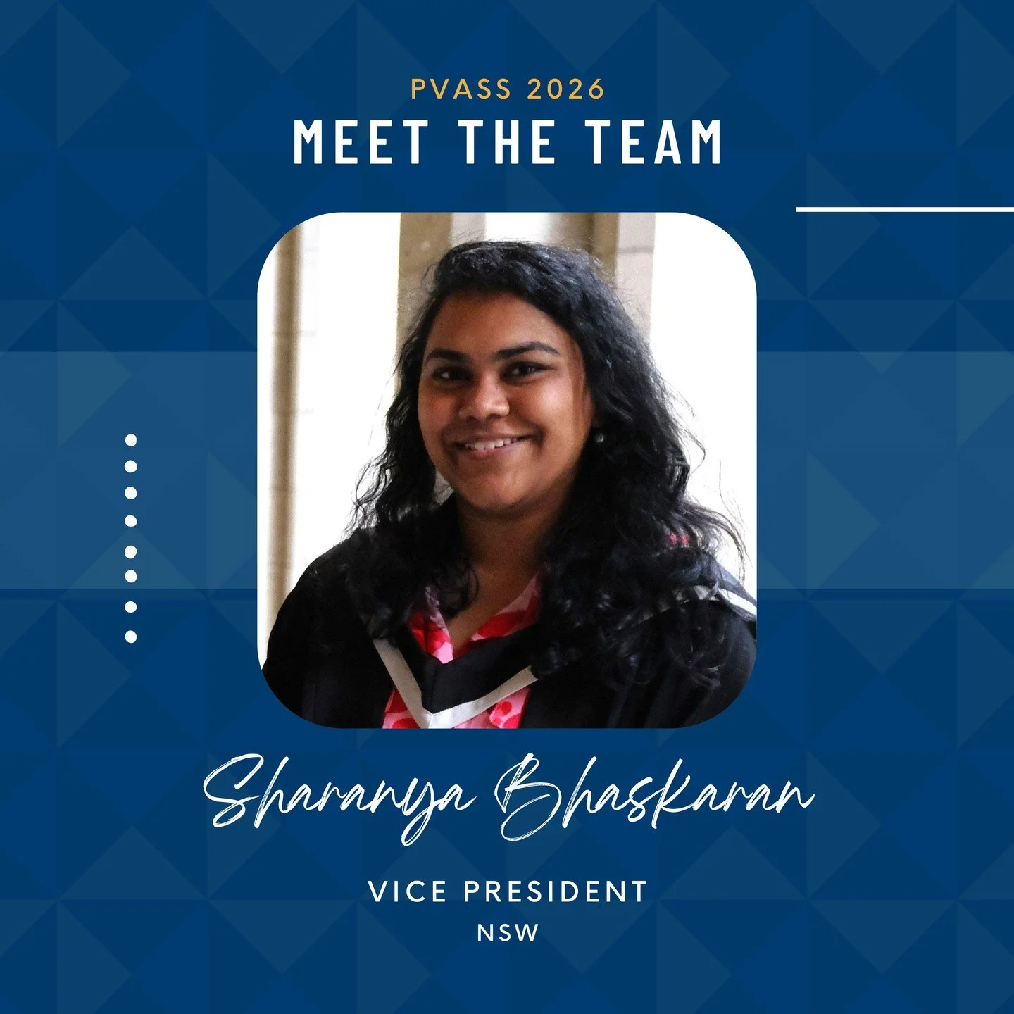Meet our Vice President for 2026, Dr Sharanya Bhaskaran

Year level: Intern
PVASS role: Vice-President
Speciality of interest: Cardiothoracics / Plastics 
Fun fact / fave way to unwind: Don&rsquo;t do coffee &amp; obsessed with Sudoku