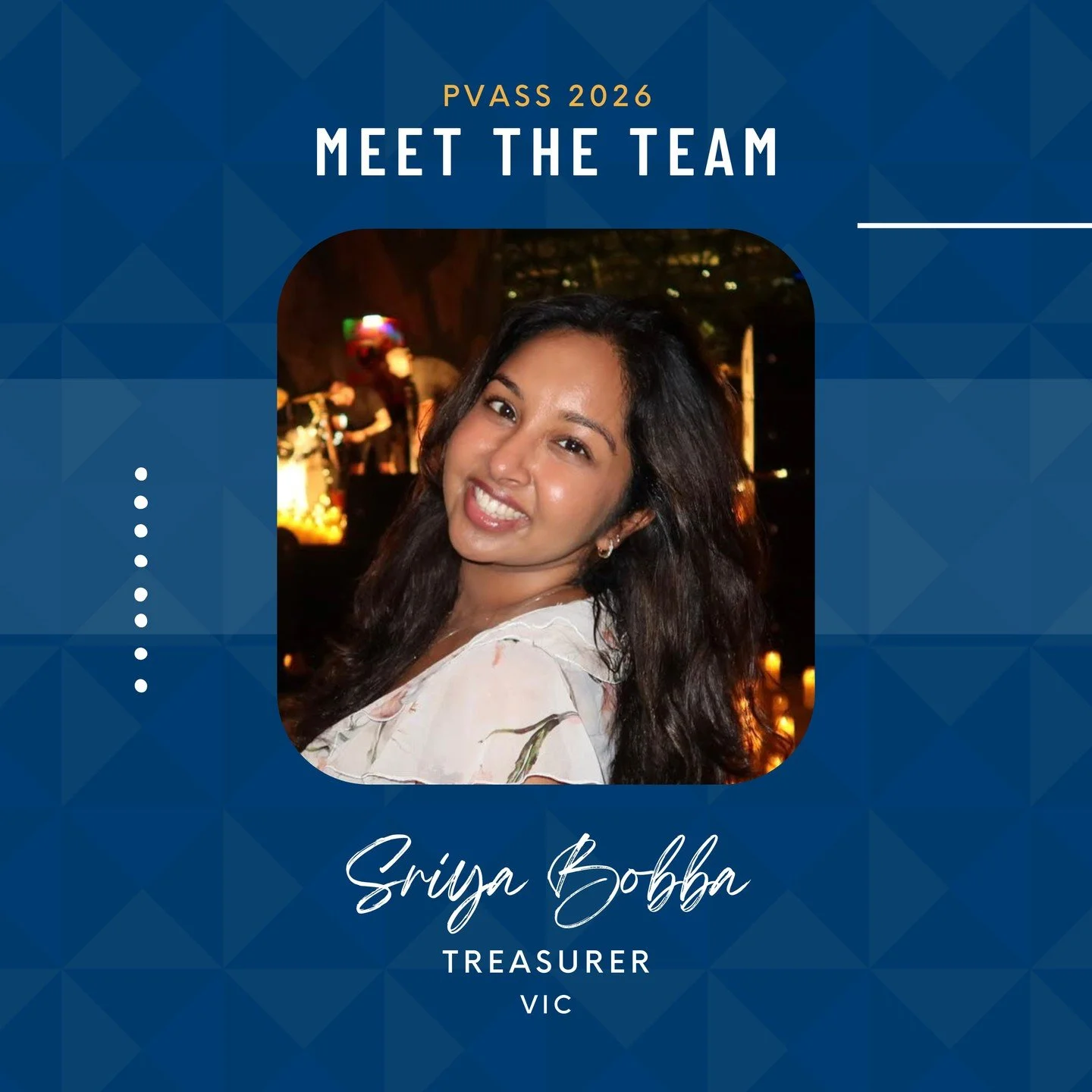 Meet our Treasurer for 2026, Dr Sriya Bobba

Year level: PGY3
PVASS role: Treasurer
Speciality of interest: ENT
Fun fact / fave way to unwind: finding new gigs/music, travel