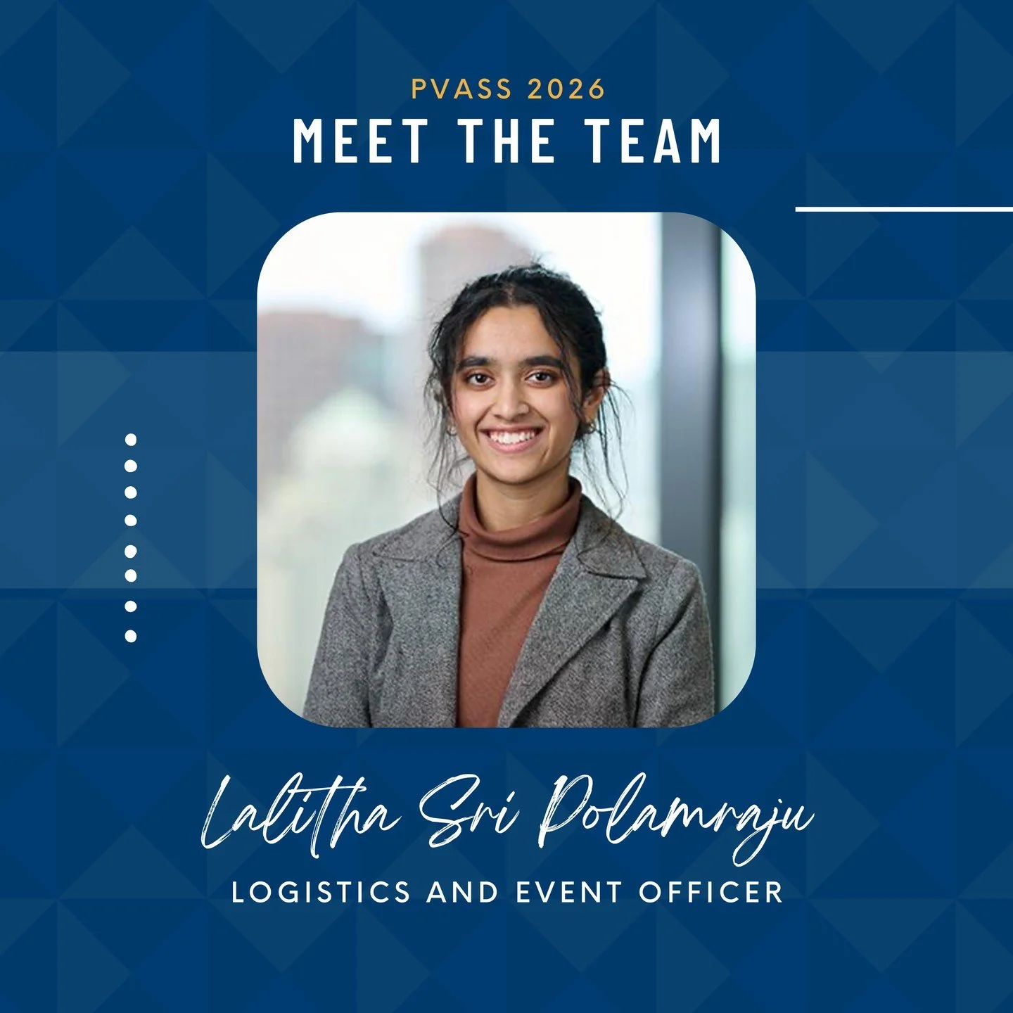 Meet our 2026 PVASS Logistics and Event Officer, Lalitha Sri Polamraju

Year level: Penultimate Year Medical Student (MD3)
PVASS role: Logistics and Event Officer
Speciality of interest: Orthopaedic Surgery
Fun fact / fave way to unwind: reading (lov