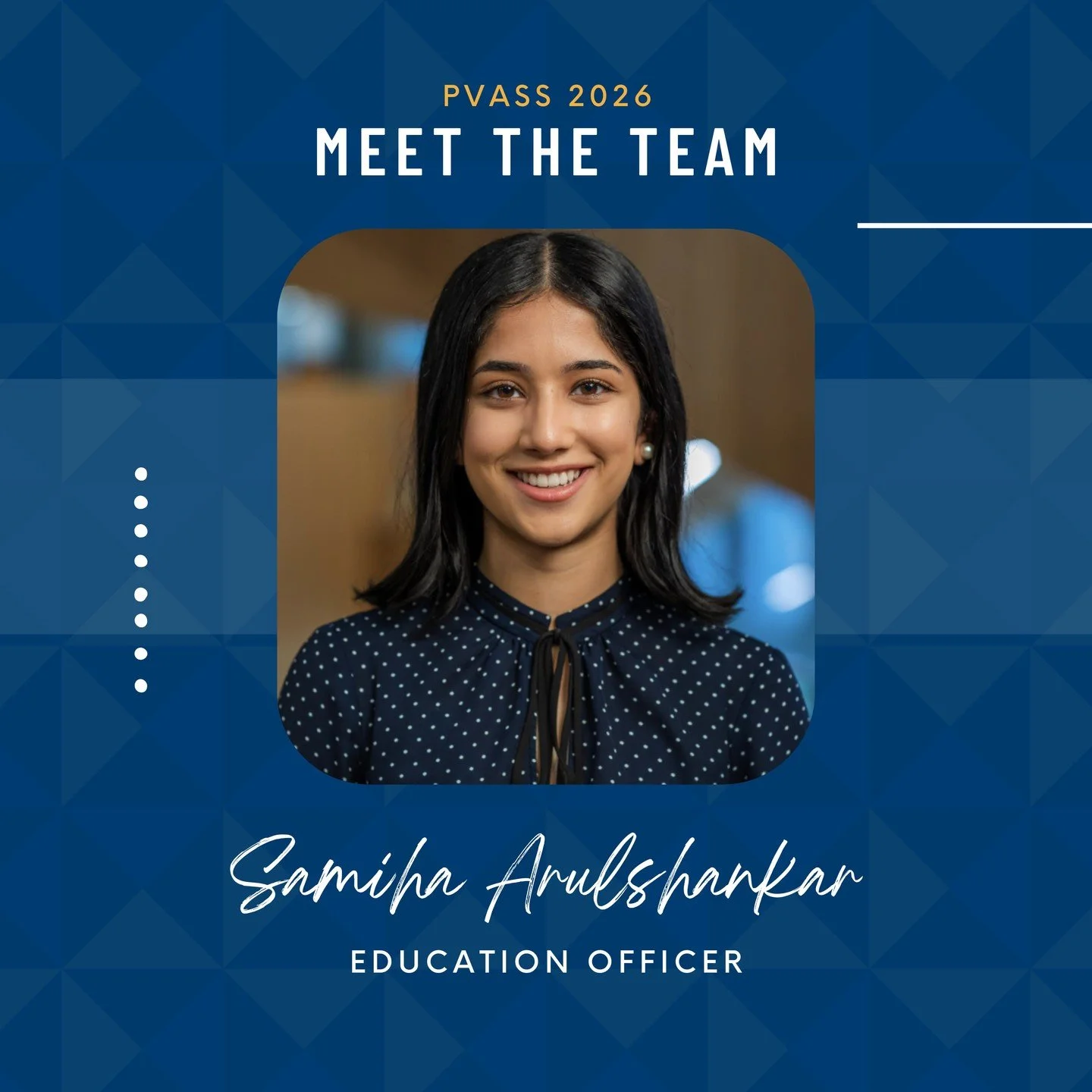 And for our other 2026 PVASS Education Officer, Samiha Arulshankar

Year level: Final Year Medical Student (Y5)
PVASS role: Education Officer
Speciality of interest: ENT
Fun fact / fave way to unwind: bike riding