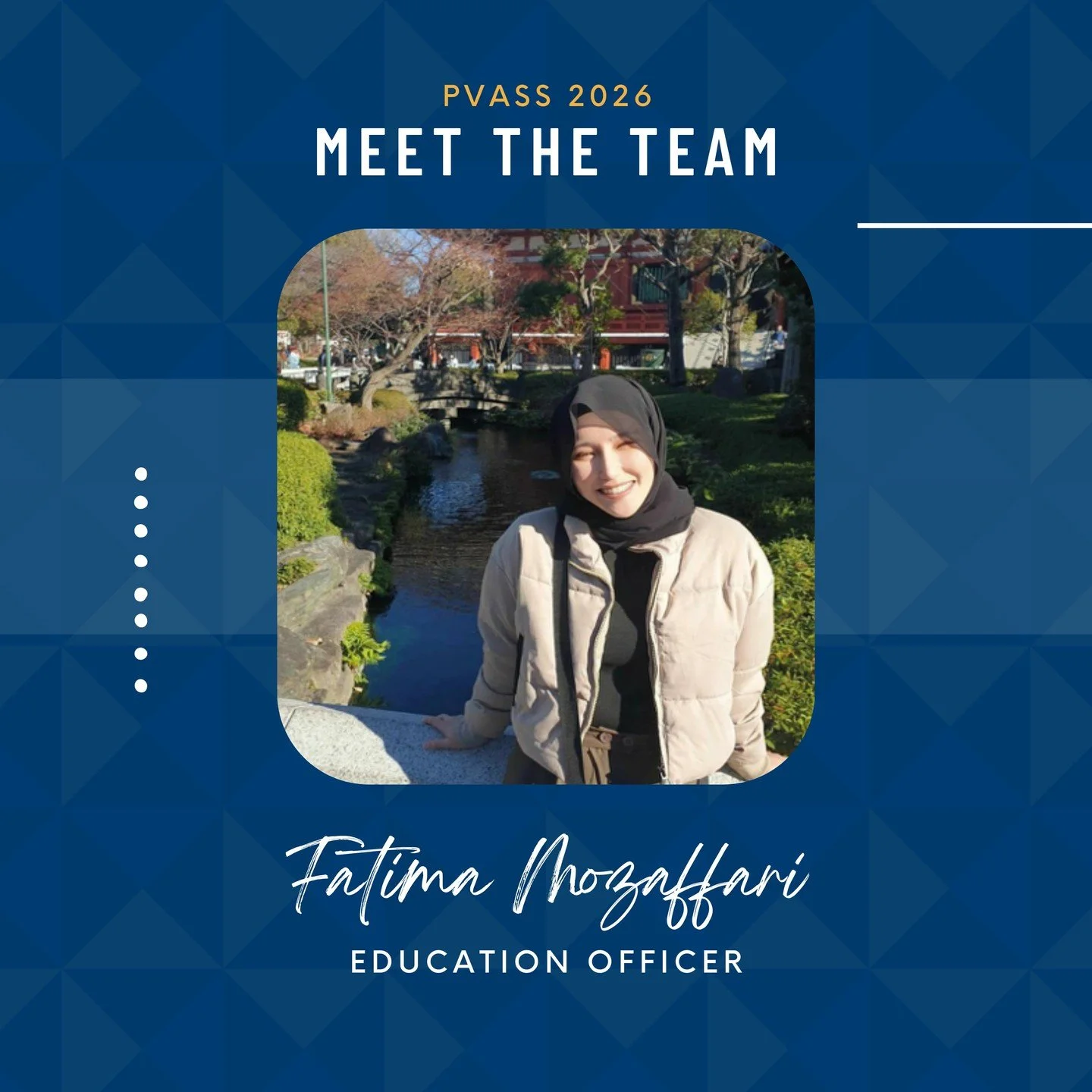 And now for our 2026 PVASS Education Officer, Dr Fatima Mozaffari!

Year level: PGY1
PVASS role: Education Officer
Speciality of interest: General Surgery
Fun fact / fave way to unwind: Netflix is my cooldown&mdash;running and travel are my therapy.
