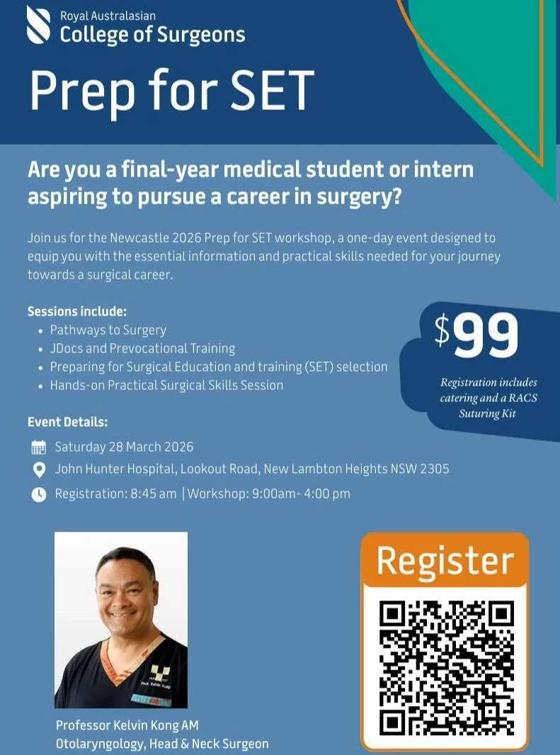 Are you a medical student or Junior Medical Officer aspiring to pursue a career in surgery? 

Join RACS for the Newcastle 2026 Prep for SET workshop, a one-day event designed to equip you with the essential information and practical skills needed for