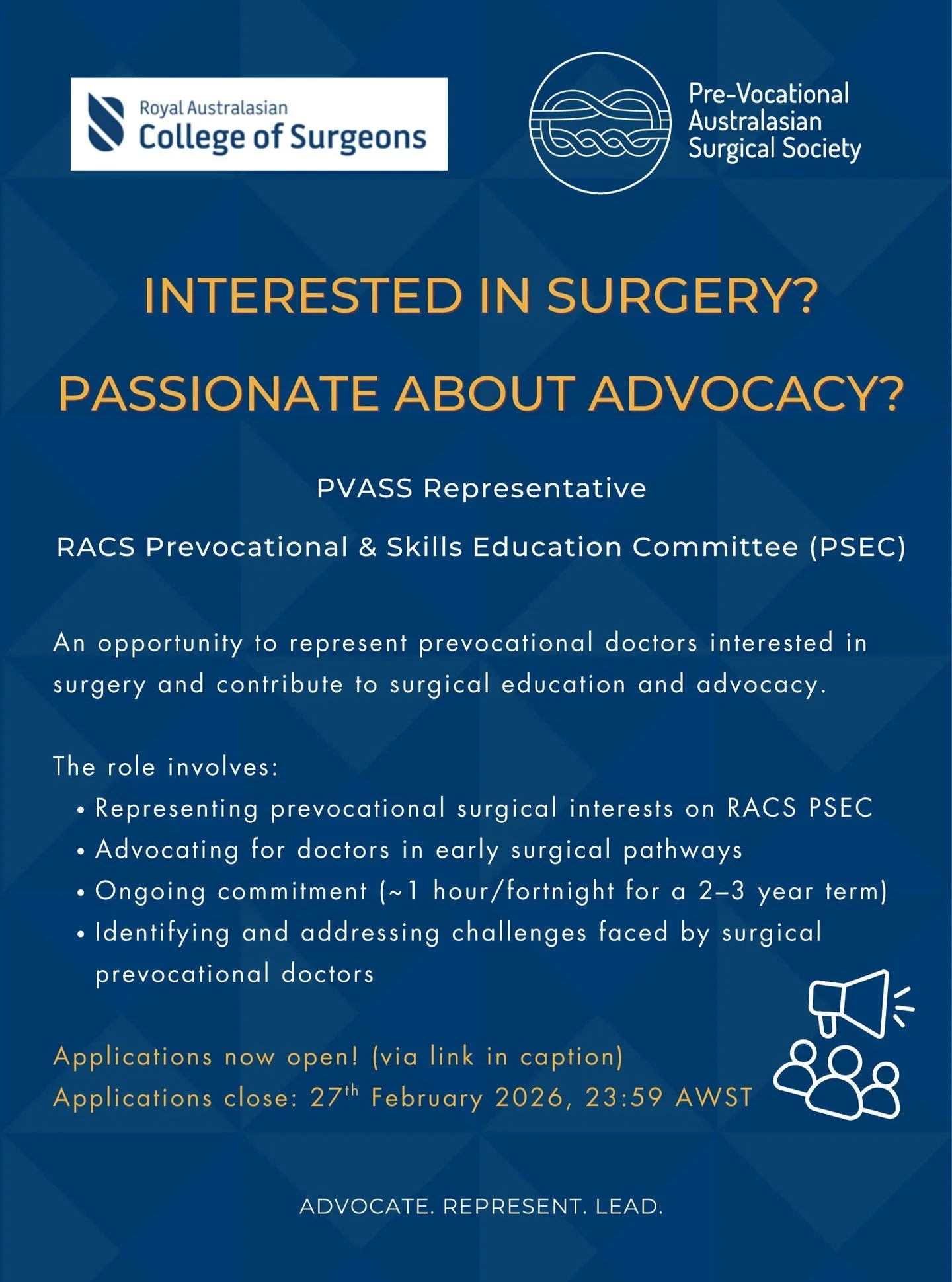 Passionate about surgery and advocacy? Here's an opportunity to represent Australasian prevocational doctors interested in surgery by applying to be a PVASS Representative in the Royal Australasian College of Surgeons (RACS) Prevocational Skills and 