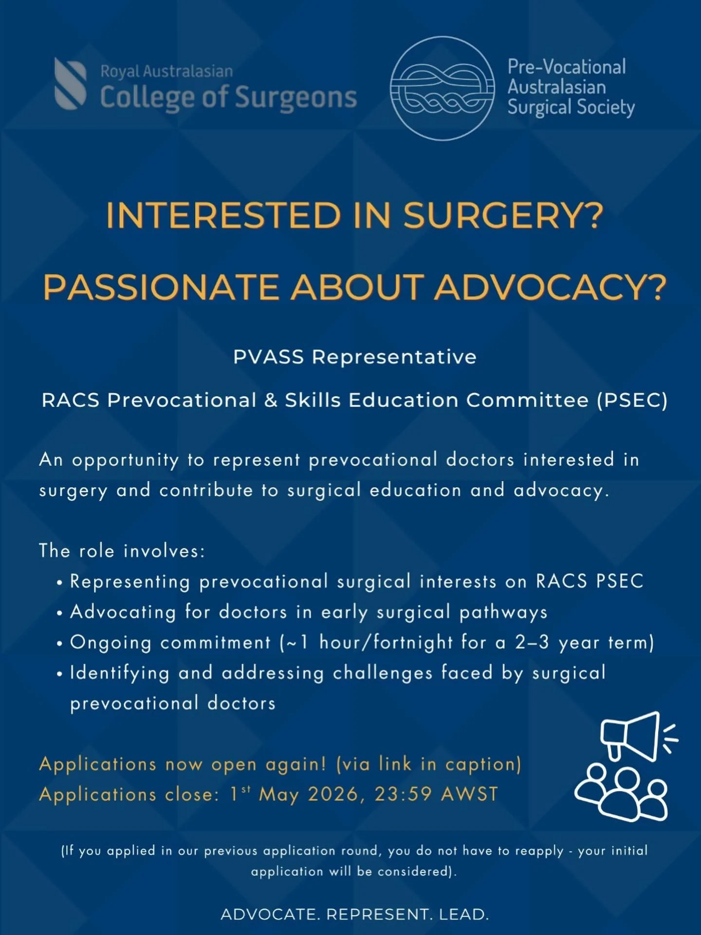 Passionate about surgery and advocacy? Missed out on applying last time? Applications to represent Australasian prevocational doctors on the RACS Prevocational Skills and Education Committee (PSEC) are now open again, but only for a limited time! 

P
