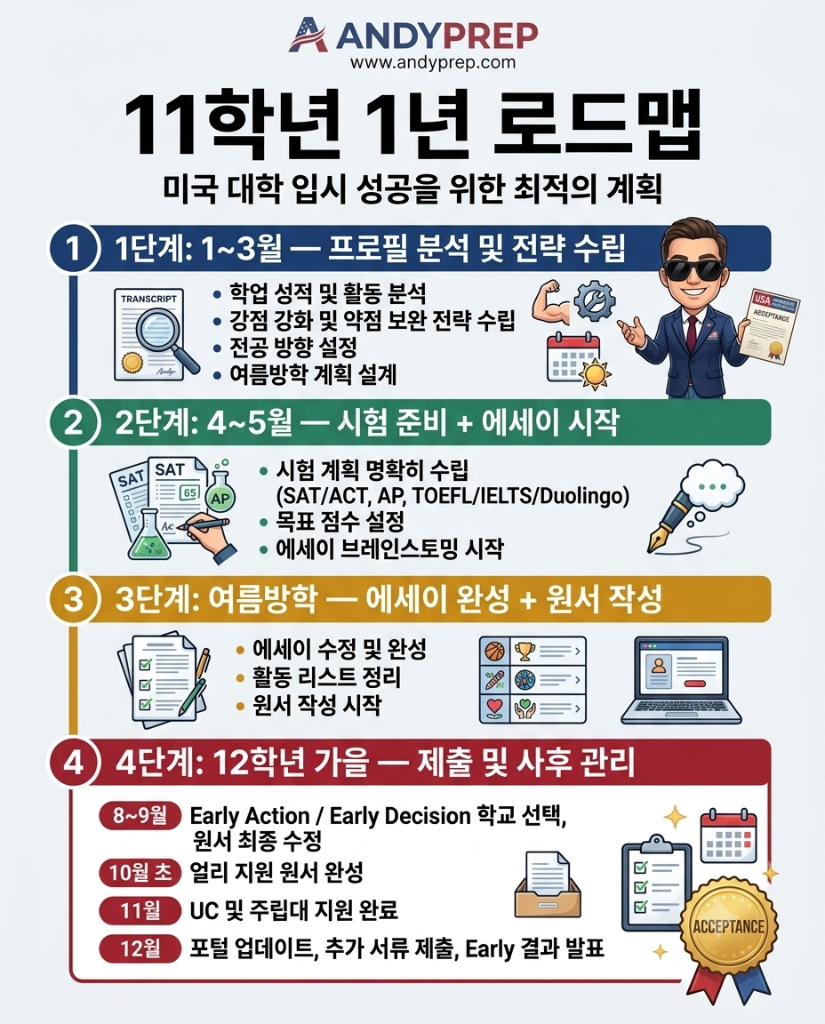 미국 대학 원서 준비, 1년 로드맵으로 완성하는 11학년 전략 가이드