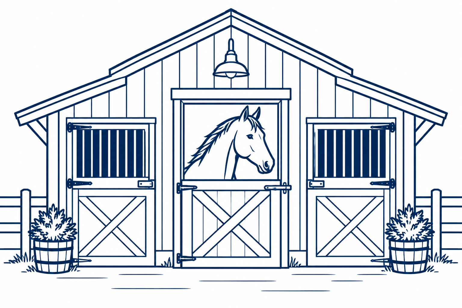 Outline drawing of a horse stable with two barred doors, central opening with a horse's head sticking out, potted plants on sides, and a hanging light fixture above.