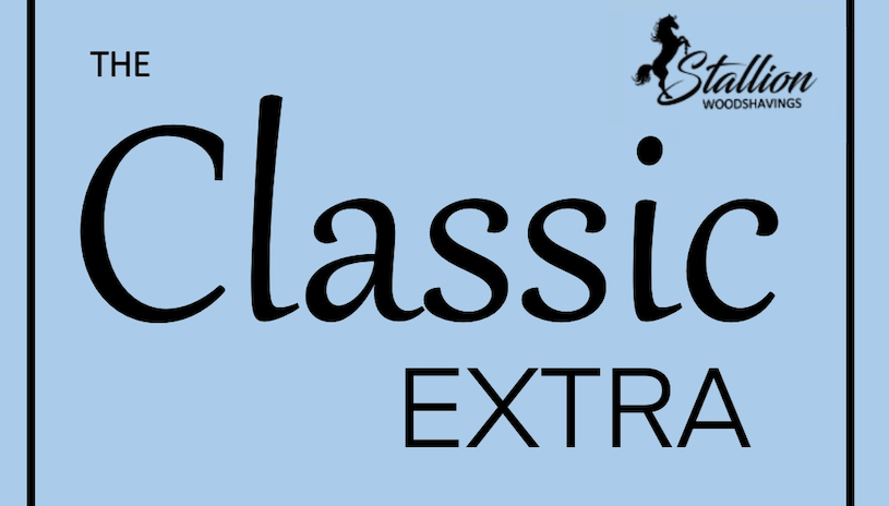 A promotional graphic for Stallion Woodshavings with the text "The Classic Extra" on a light blue background. The Stallion logo features a silhouette of a rearing horse.