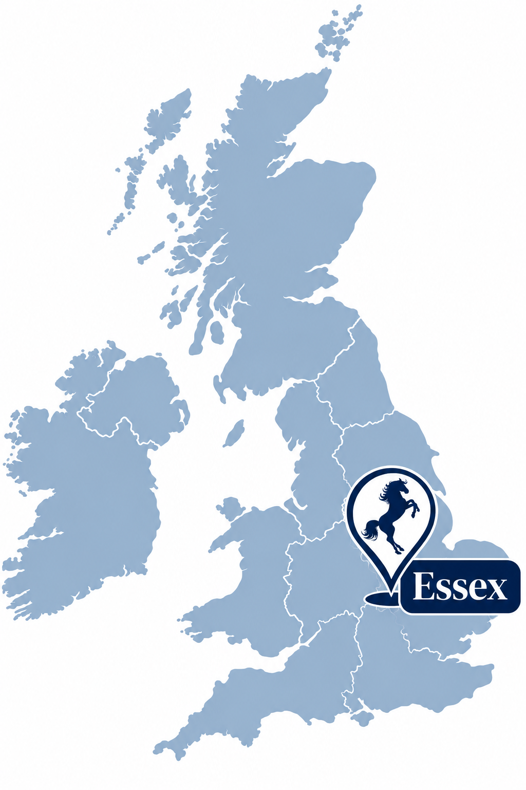 Map of the United Kingdom with a marker indicating Essex, featuring a horse logo and the word "Essex."
