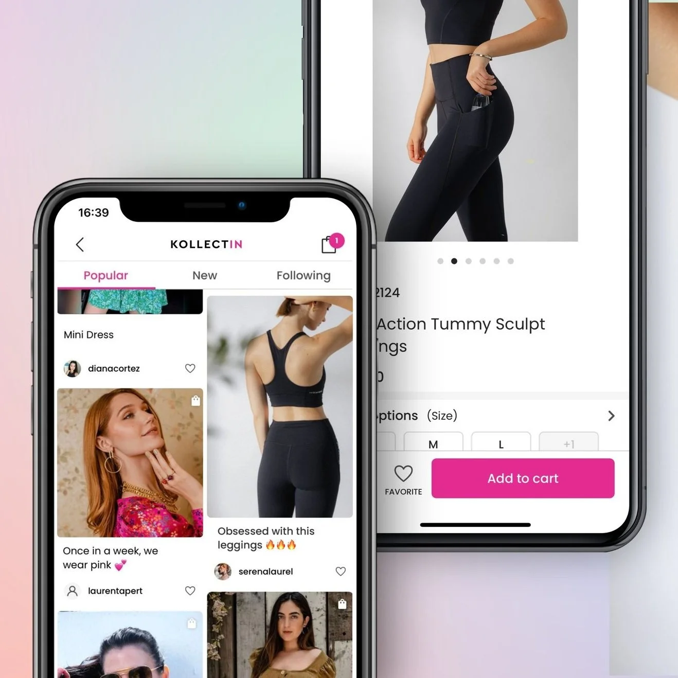 Mobile phones displaying a fashion app with product listings, featuring leggings and dresses. App name is visible on the screen with popular, new, and following tabs. Buttons for adding to cart and favoriting items are present.