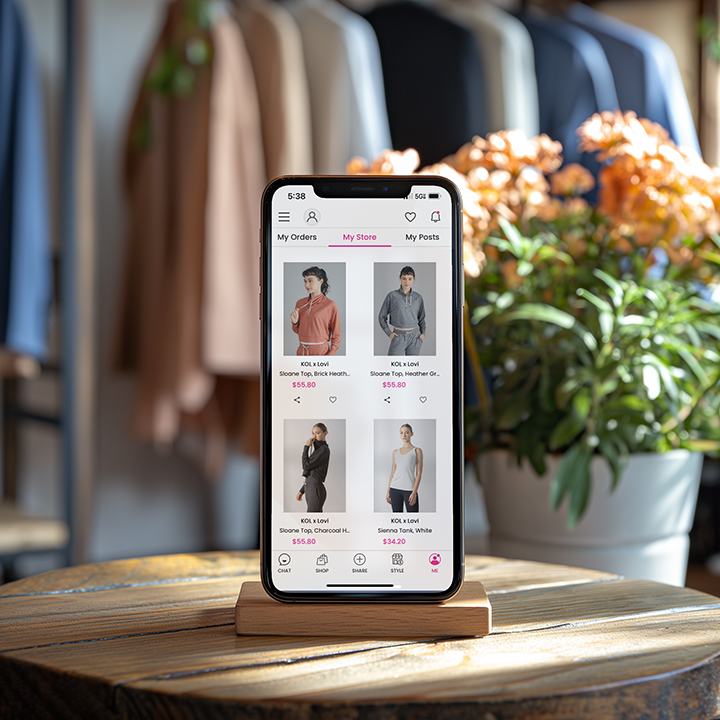 Smartphone displaying a clothing app with various outfits, placed on a wooden stand with blurred clothes rack and plants in the background.