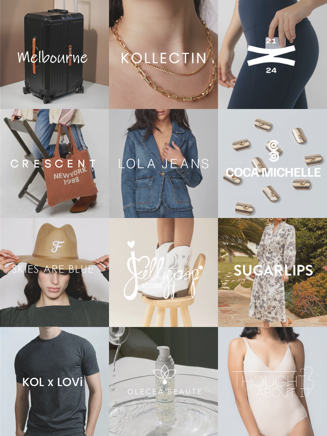 Collage of fashion and lifestyle brands including luggage, jewelry, activewear, denim, accessories, skincare, and clothing with brand logos like Melbourne, Kollectin, Crescent, Lola Jeans, CocaMichelle, Skies Are Blue, Jellypop, Sugarlips, KOL x LOVi, Olecea Beaute, Thought About It.