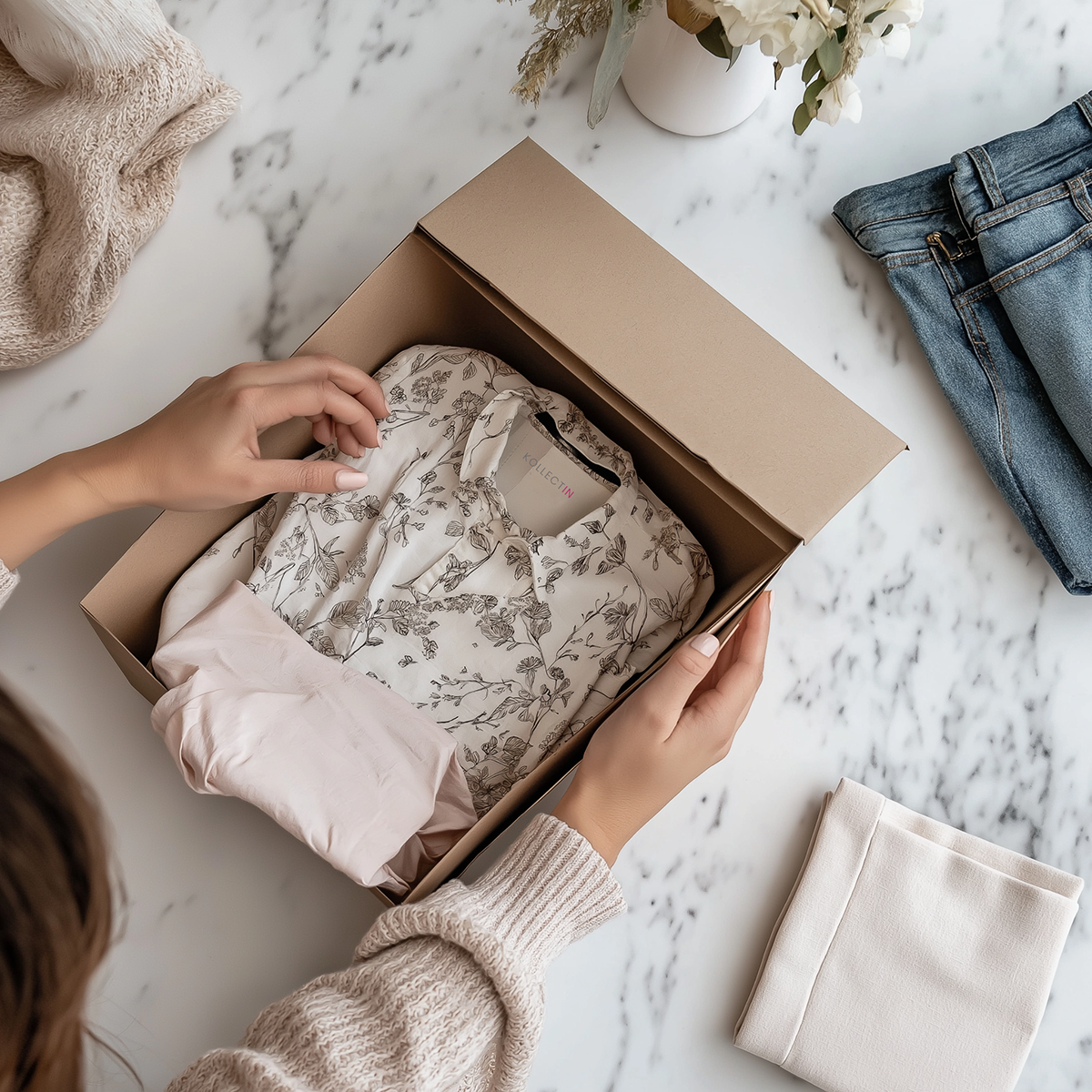 Person holding a cardboard box containing a folded floral shirt and pink garment on a marble table, with jeans and a sweater nearby.