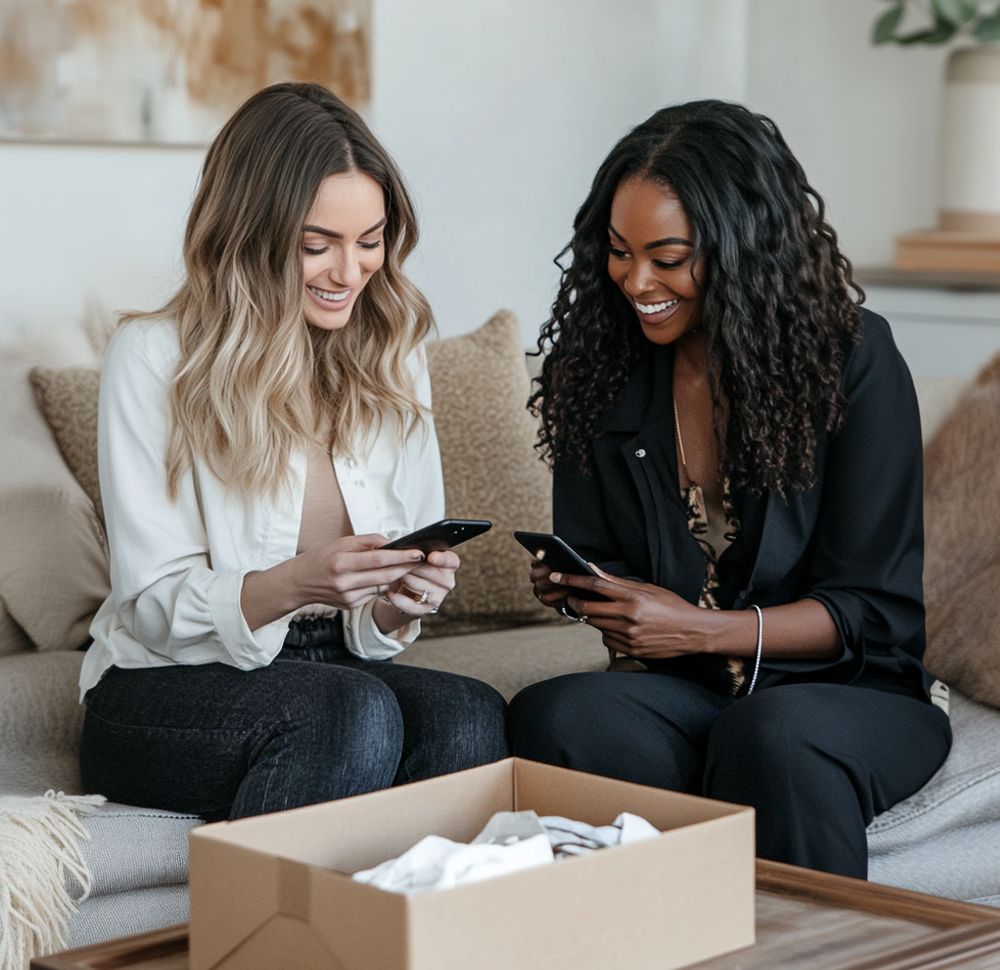 Two women sitting on a couch, smiling and looking at their smartphones, with an open cardboard box on a table in front of them.
