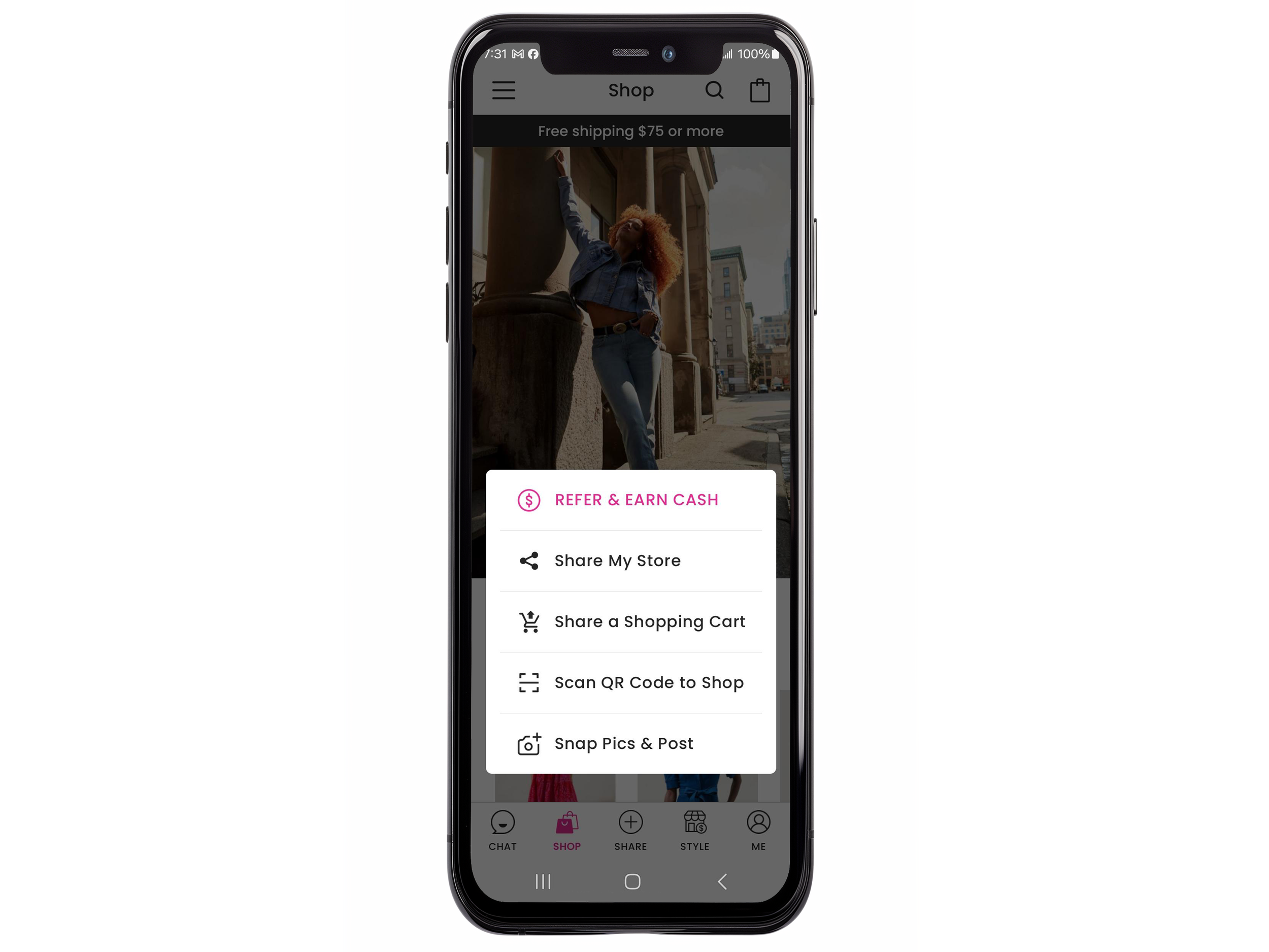 Smartphone screen displaying a shopping app with options to refer and earn cash, share store, share shopping cart, scan QR code, and snap pics and post.