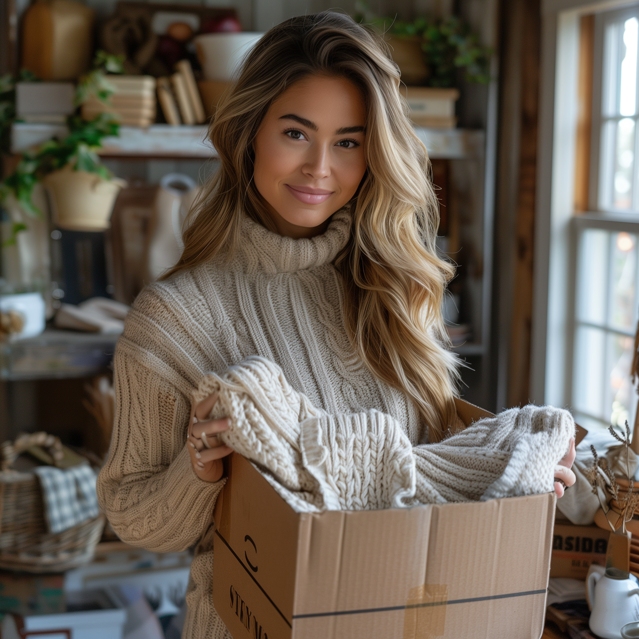 Woman in cozy sweater holding a box containing folded sweaters in a rustic room with shelves and plants.