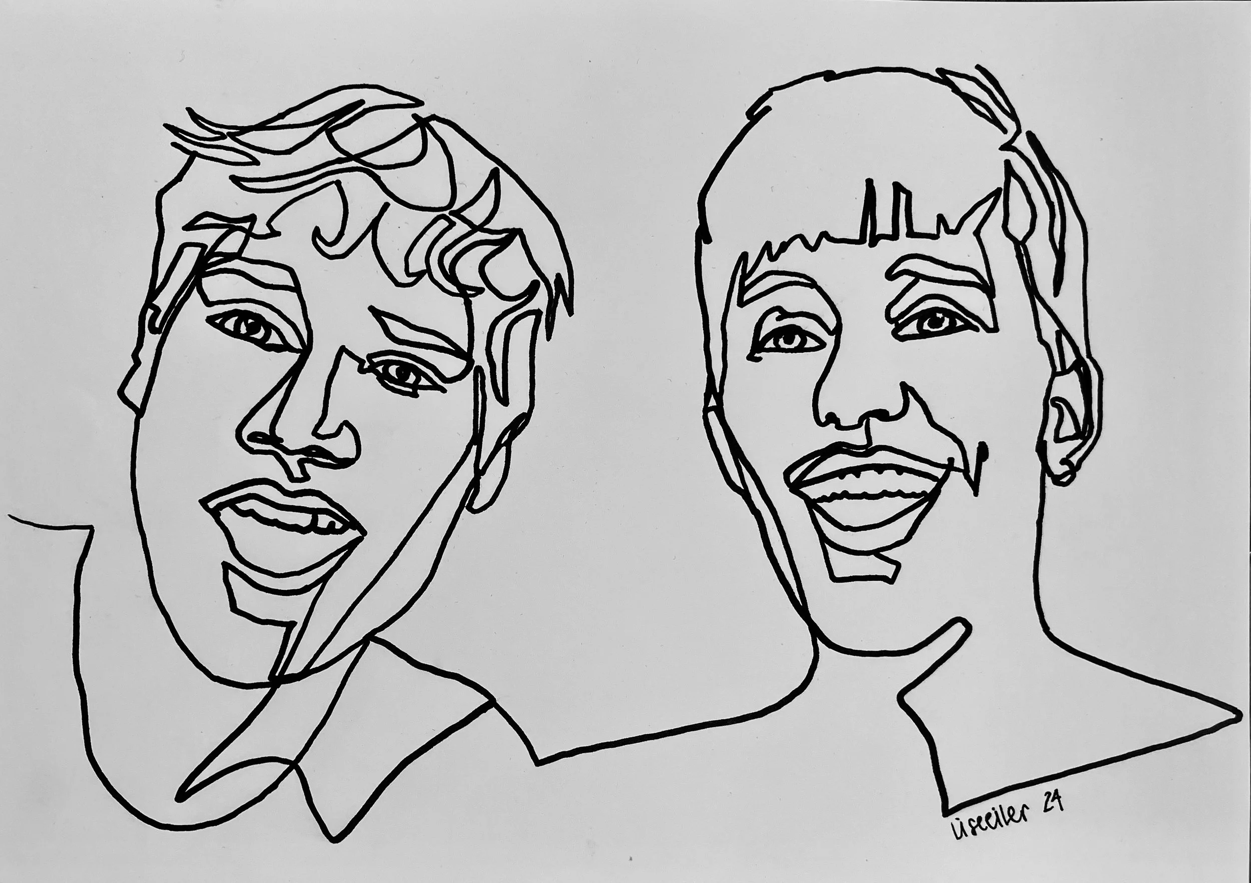 Osvald og Ebbe, 2024, tusch på papir, sammenhængende streg, A4