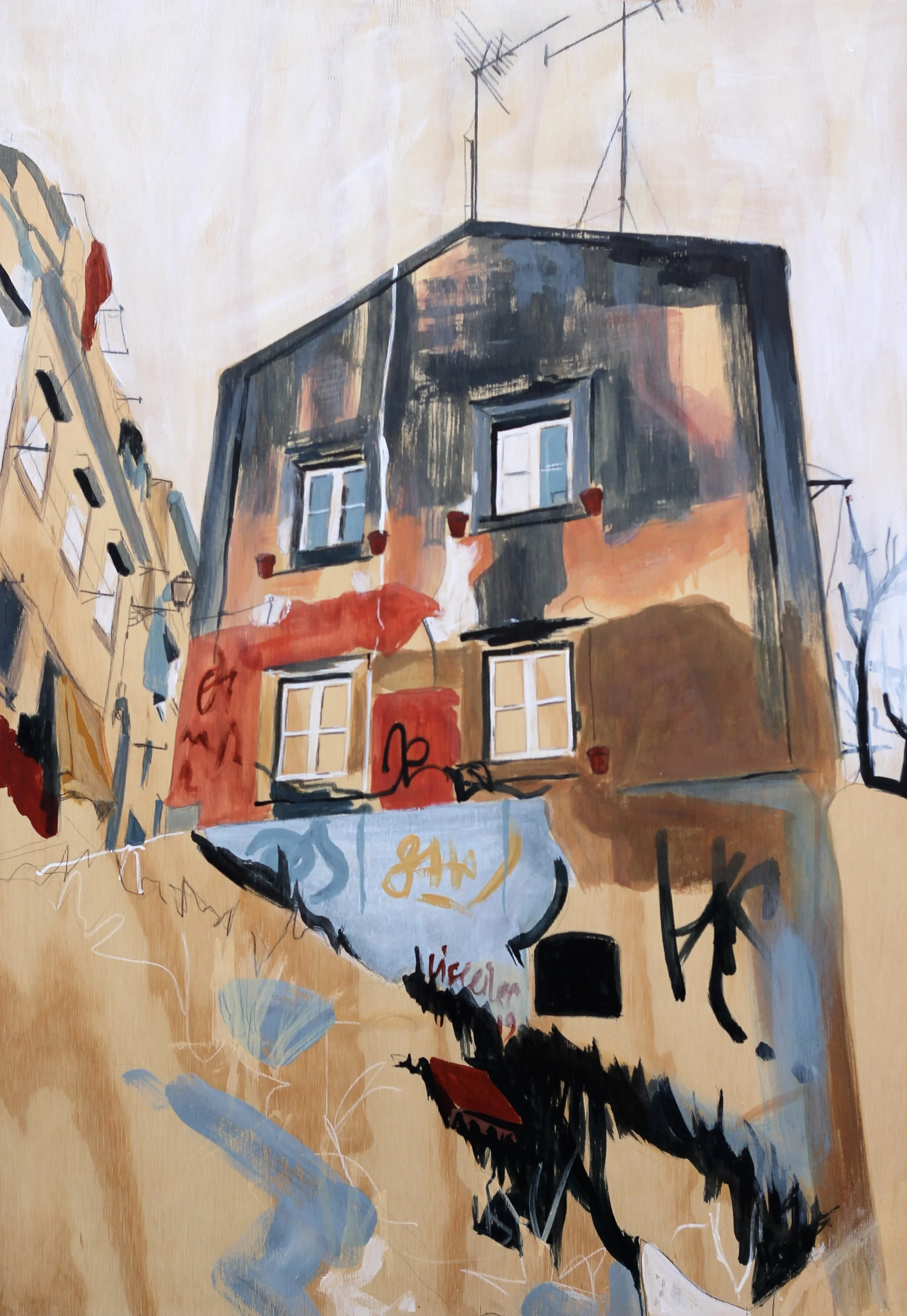 Forladt hus, Lissabon, 2019,
akryl på træ,
69 x 47,5 cm