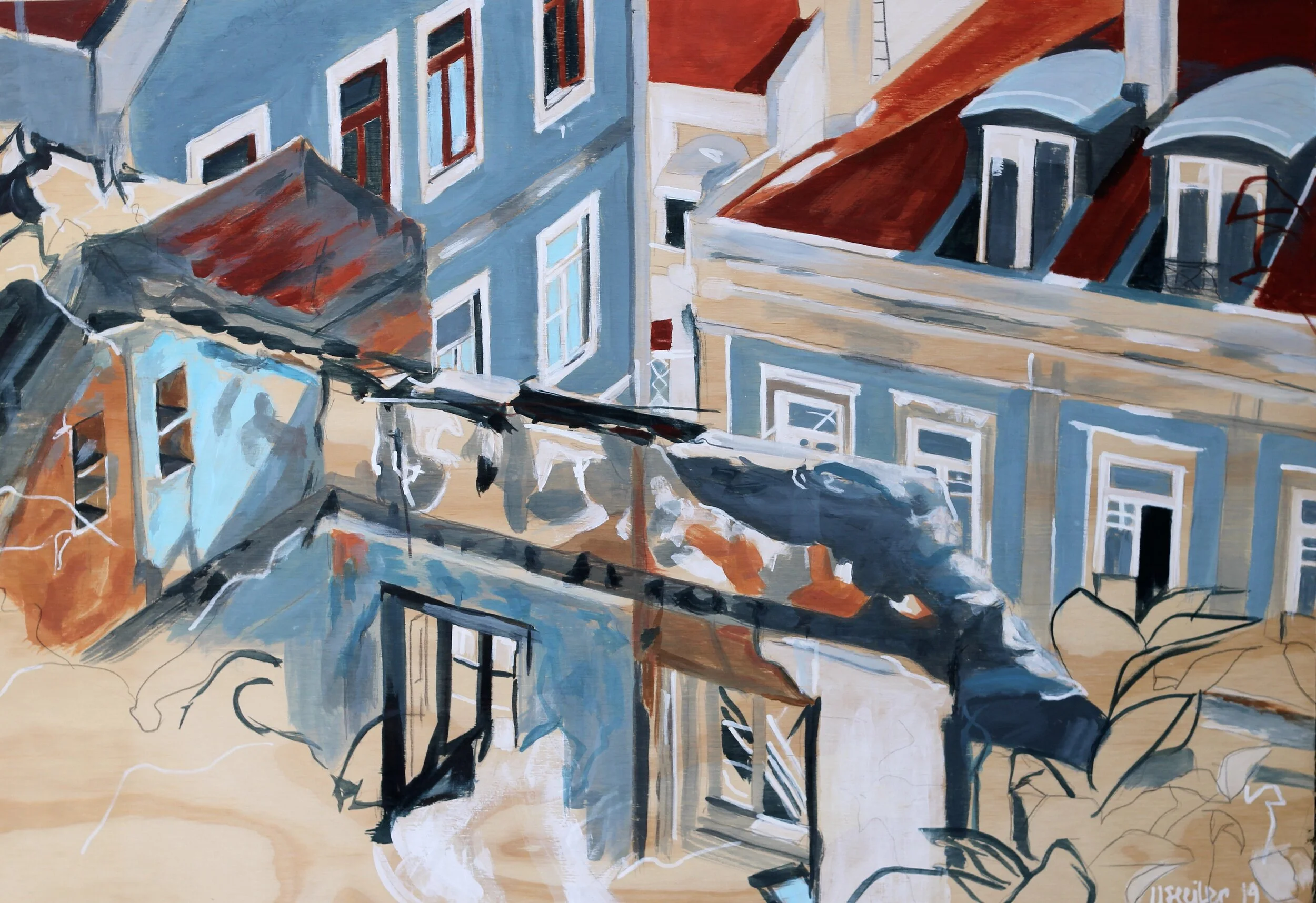 Ruin, Lissabon, 2019,
akryl på træ,
47,5 x 69 cm
