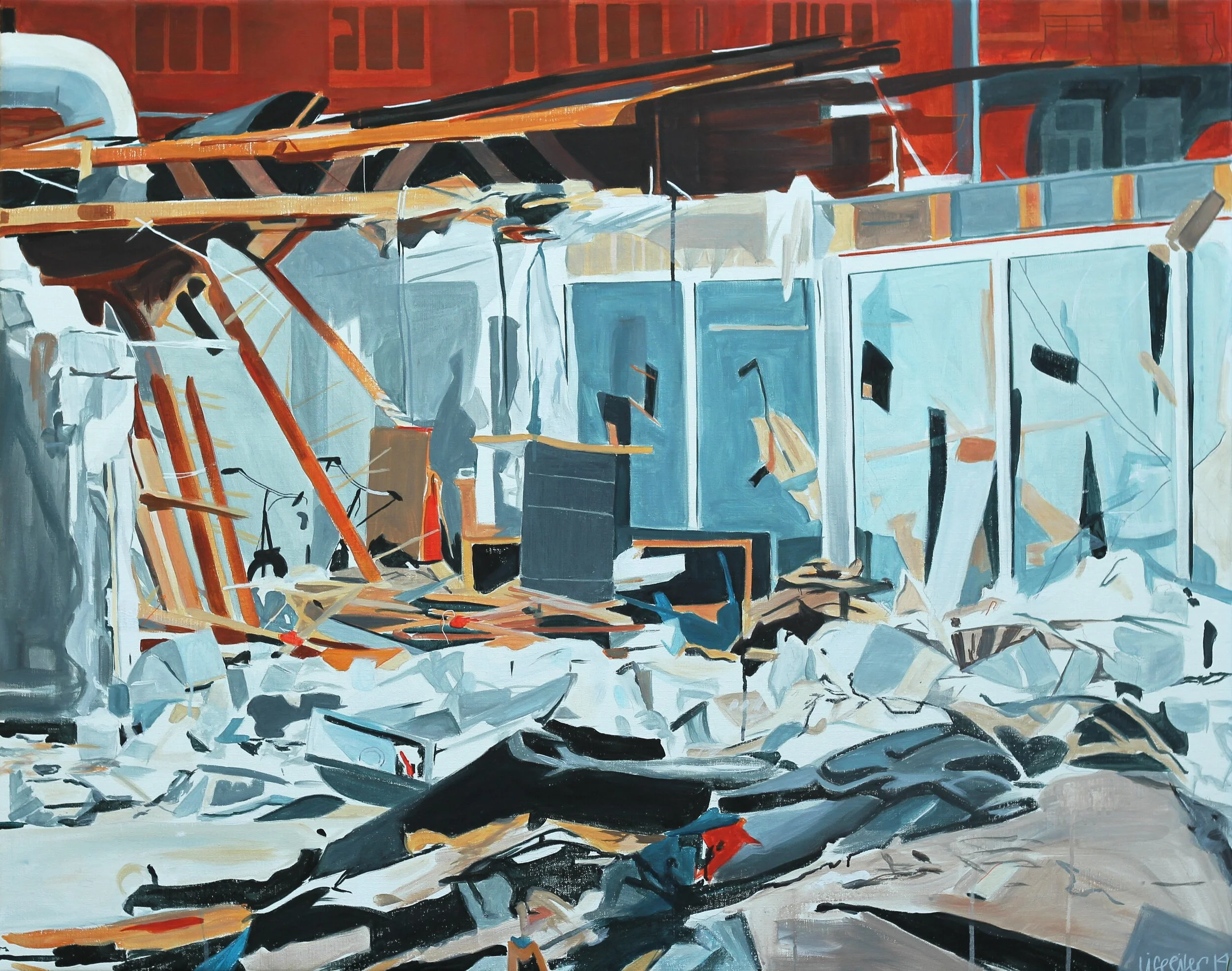 Nedrivning Nørrebrogade, 2014,
akryl på lærred,
95 x 120 cm