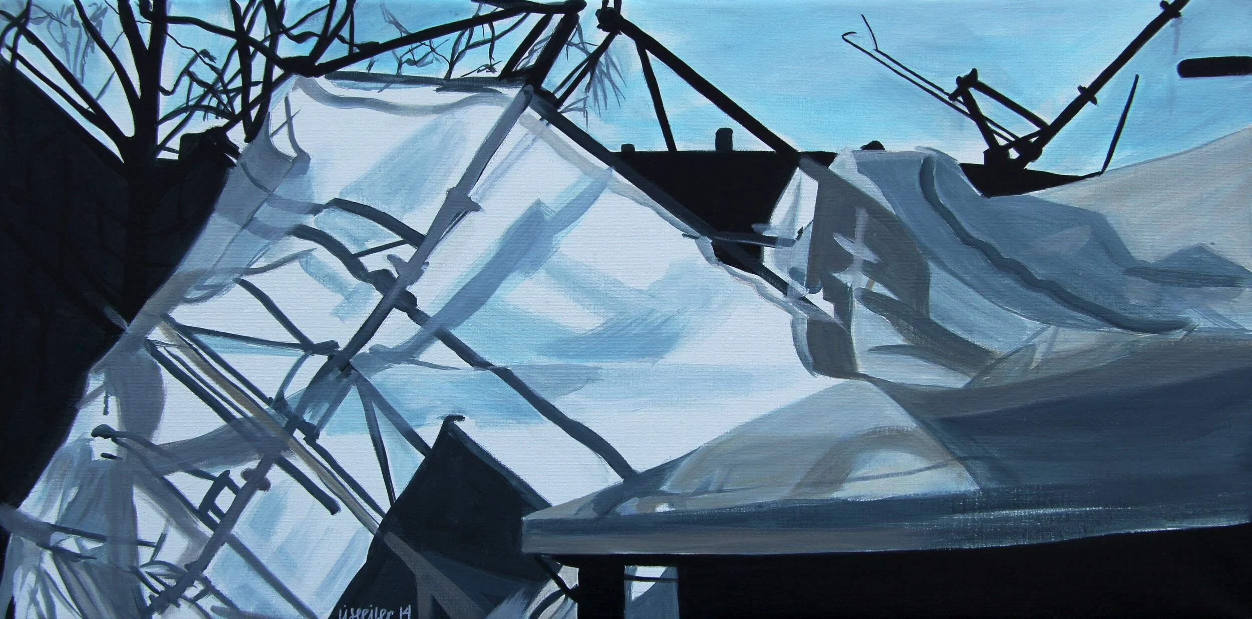 Bispegården tilt, 2014, 
akryl på lærred,
45 x 90 cm