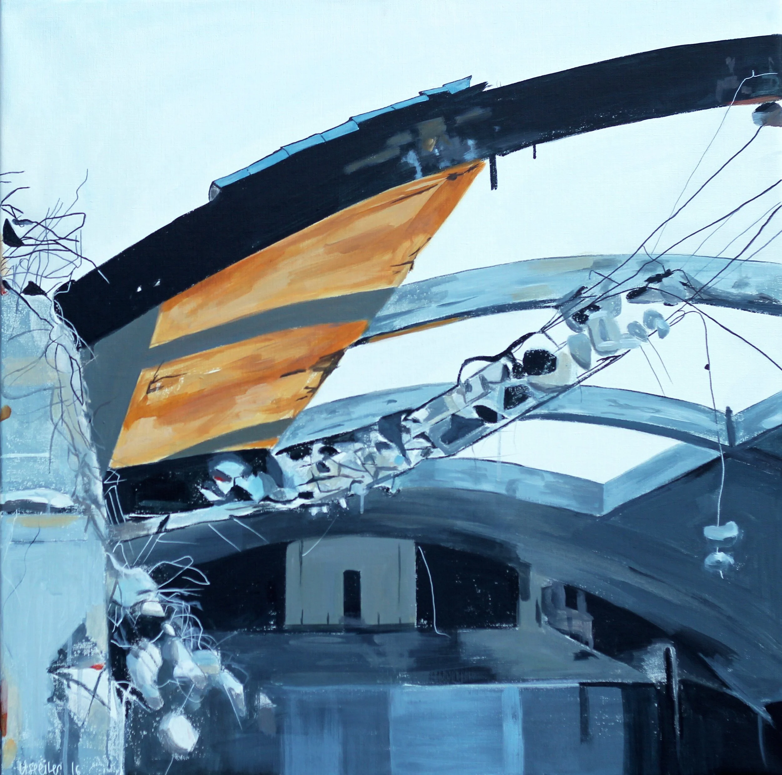 KB Hallen nedrivning #1, 2016,
akryl på lærred,
90 x 90 cm